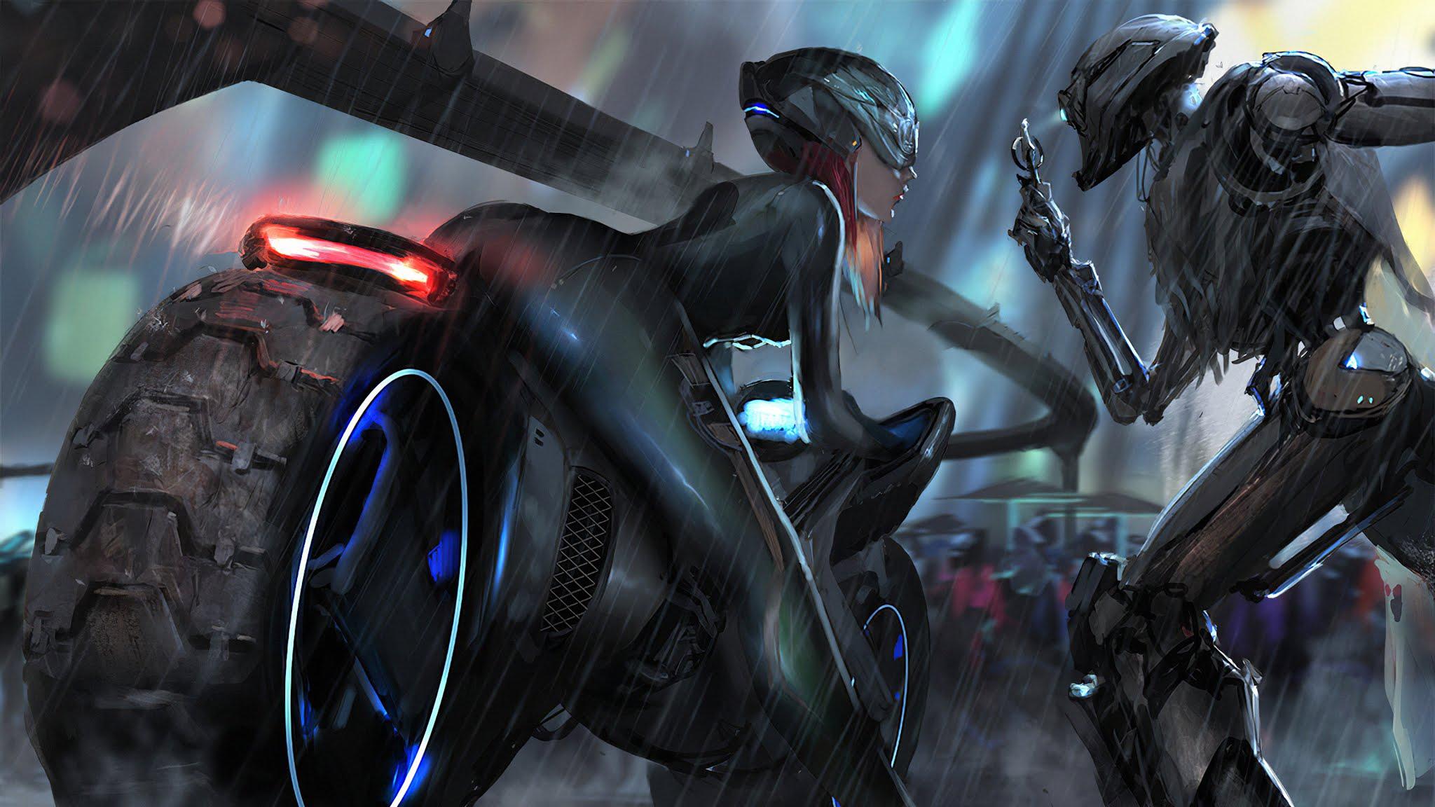 2048x1152 Cyberpunk Bike Girl Wallpaper