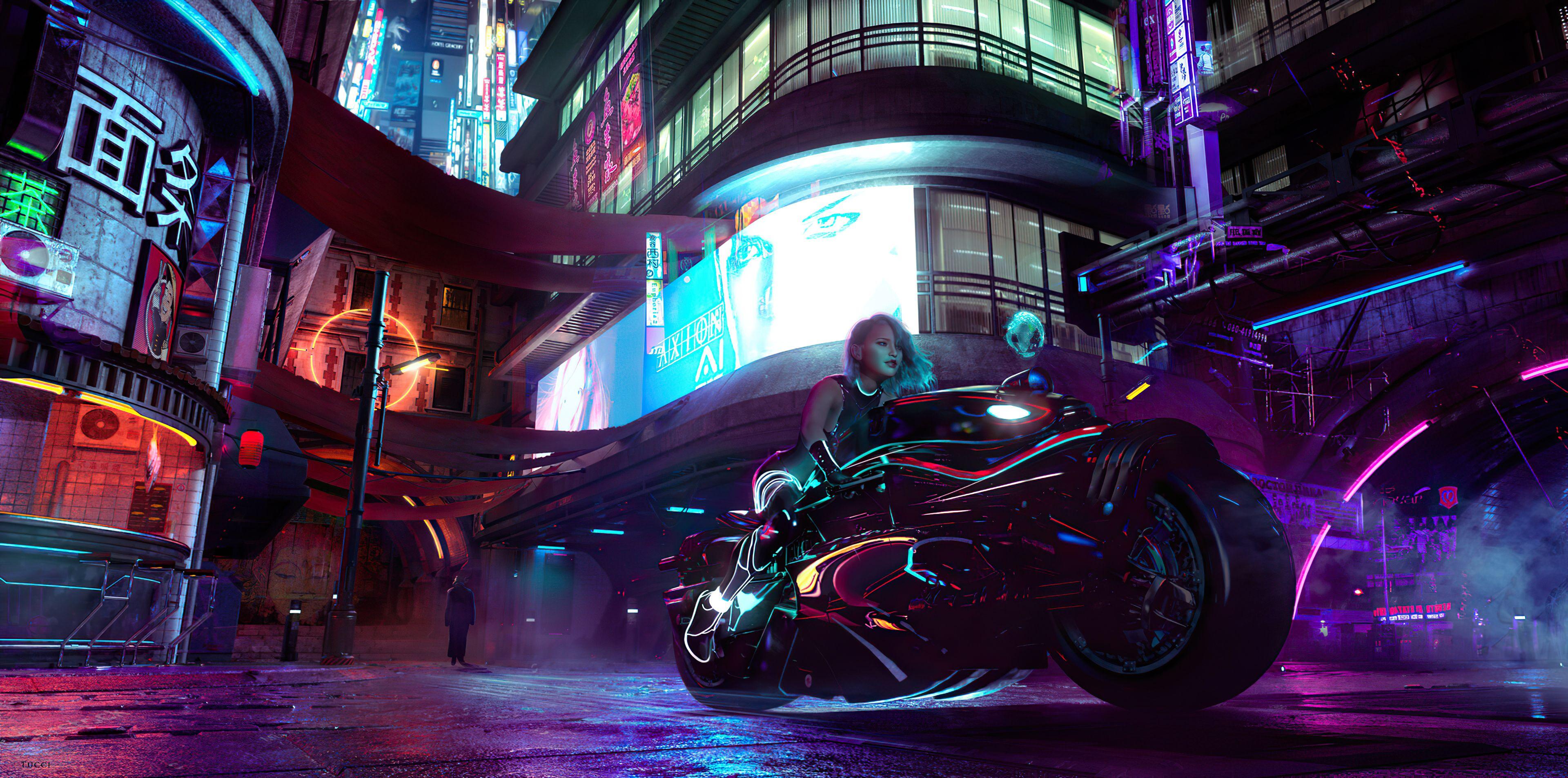 3840x1906 Cyberpunk Girl with bike Wallpaper 4k Ultra HD