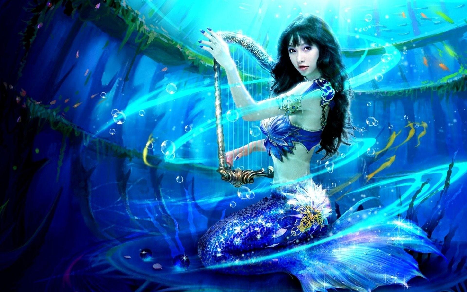 1920x1200 Mermaid Black Hair Jewel Harp desktop PC and Mac wallpaper
