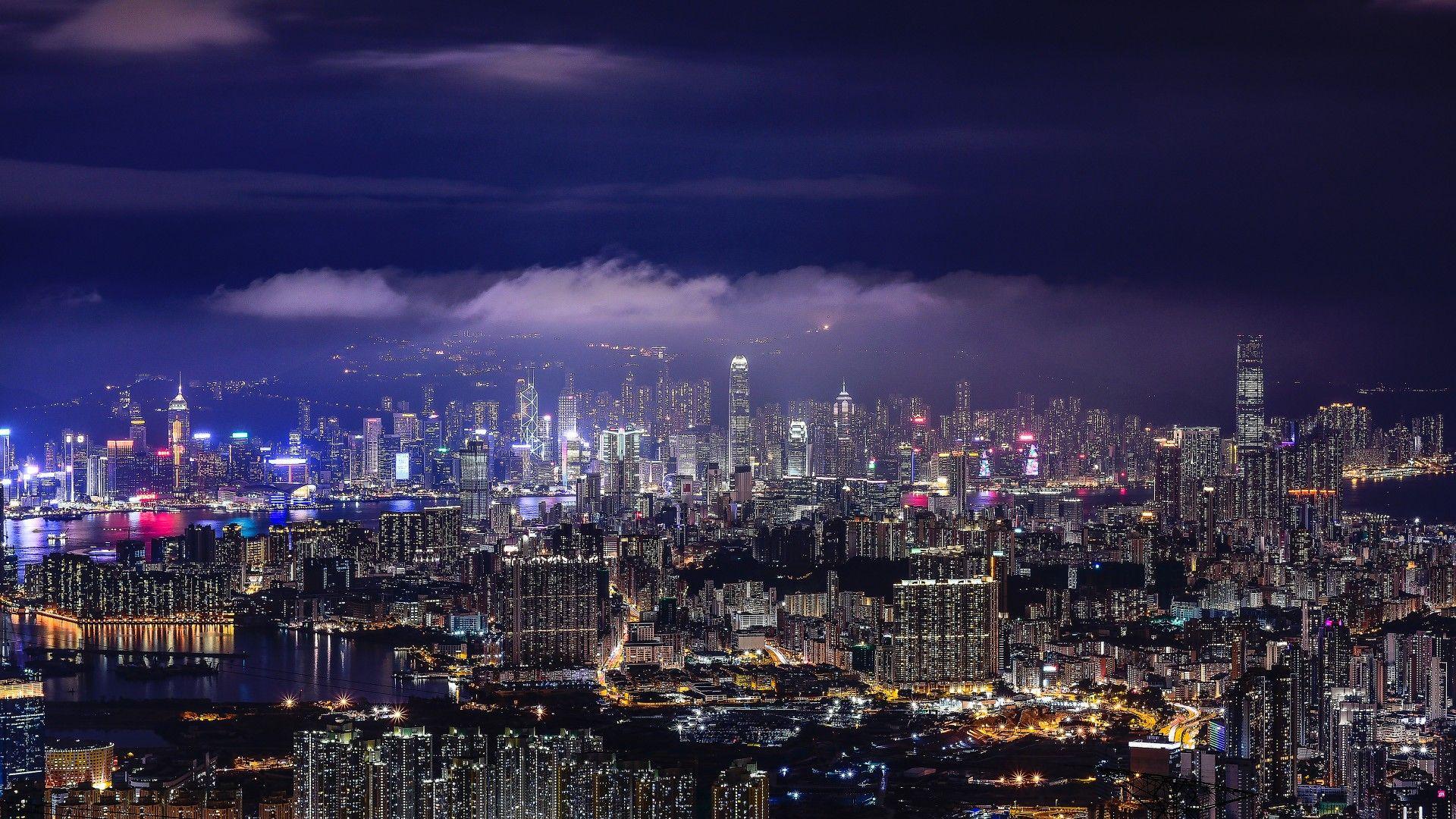 1920x1080 Cityscape 4K Wallpaper, Hong Kong, Night, City lights, Skyline, World