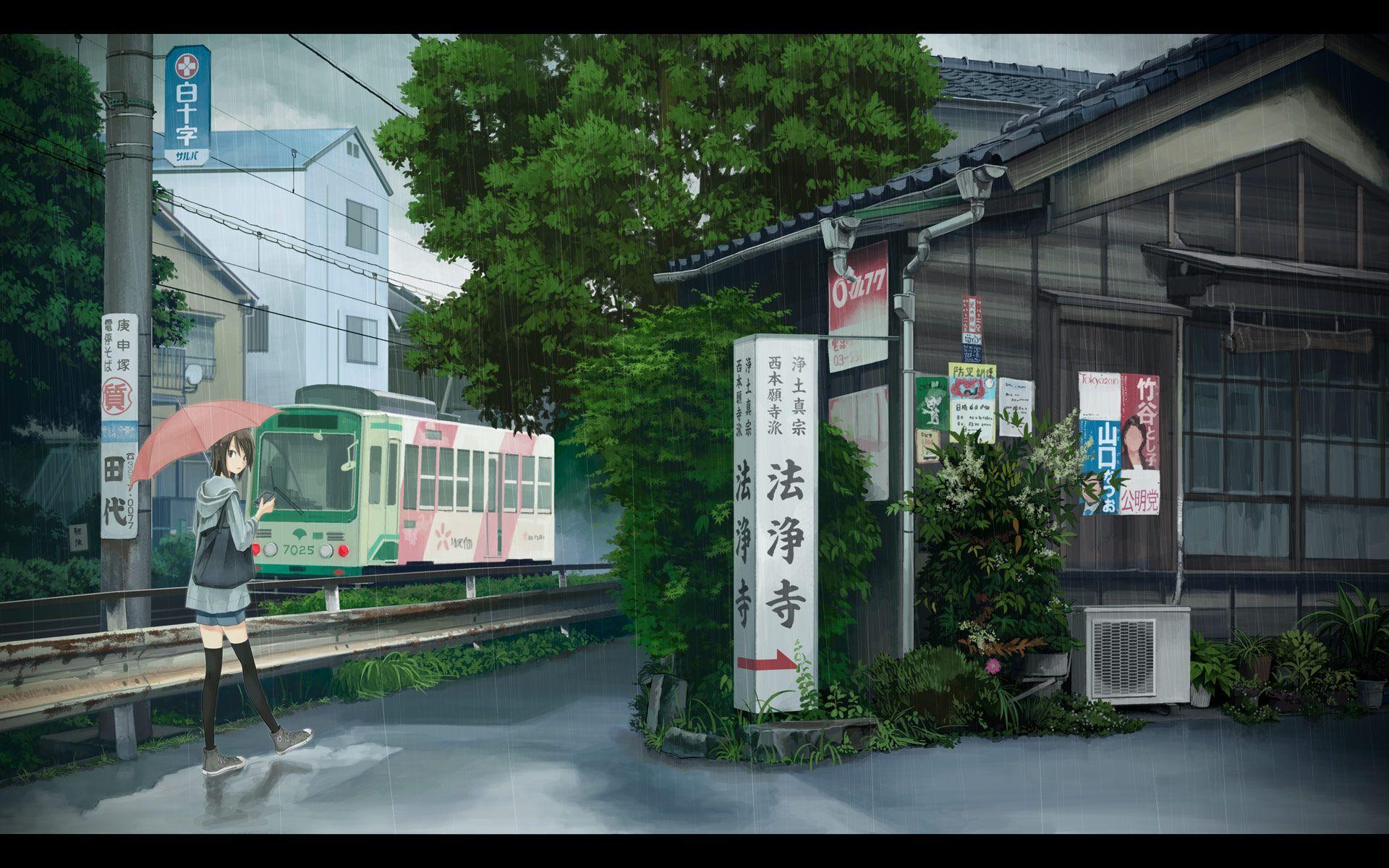 1920x1200 Japan, rain, umbrellas, tram wallpaper