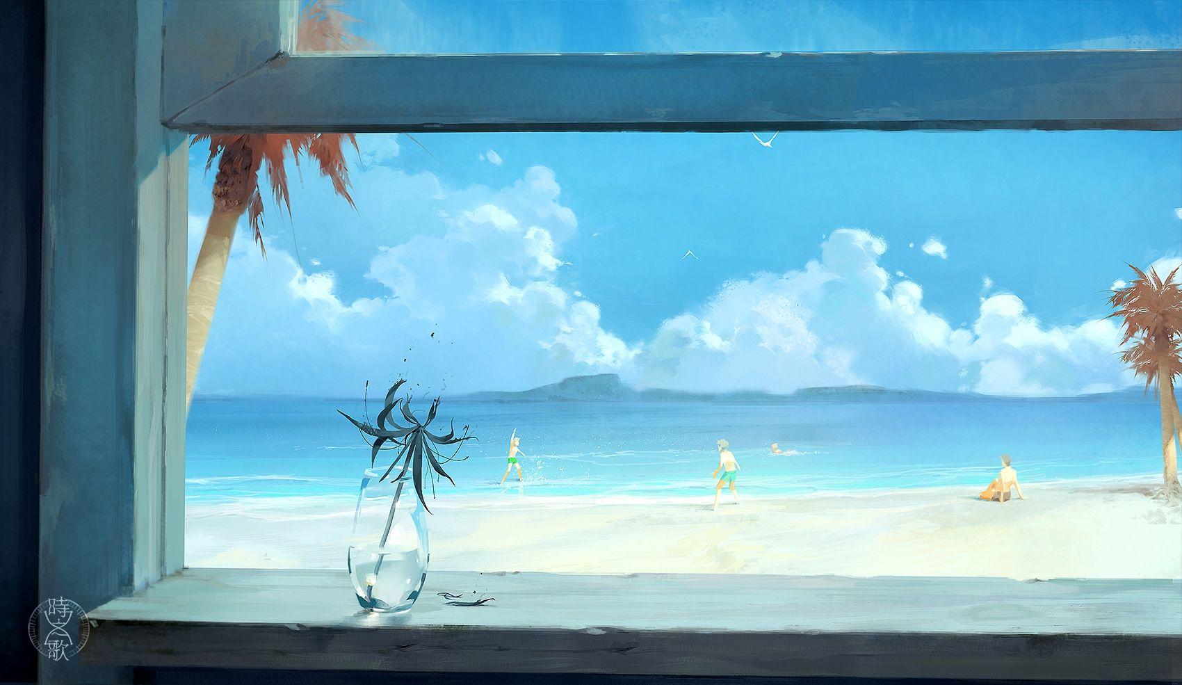1700x985 Download 1700x985 Anime Landscape, Beach, Clouds, Window Wallpaper