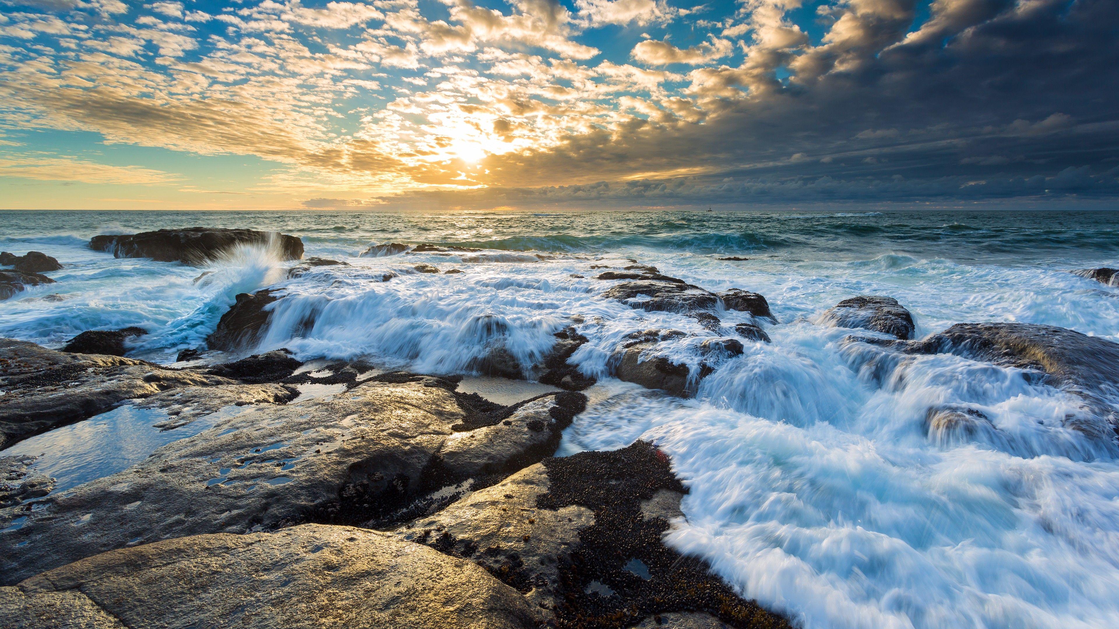 3840x2160 Wallpaper Clouds, 4k, HD wallpaper, beach, sunrise, ocean, sea, water, sun, Nature