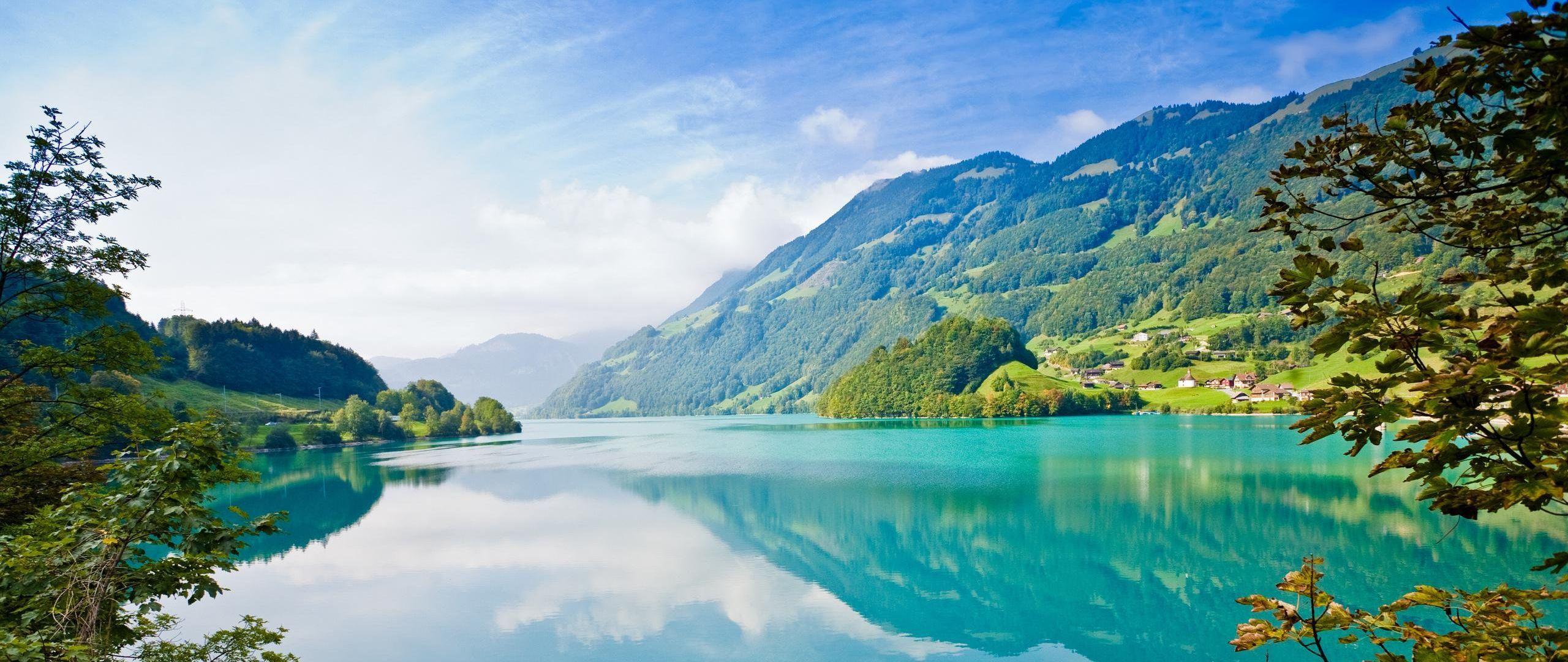 2560x1080 Preview wallpaper summer, mountains, nature, lake, river, grass