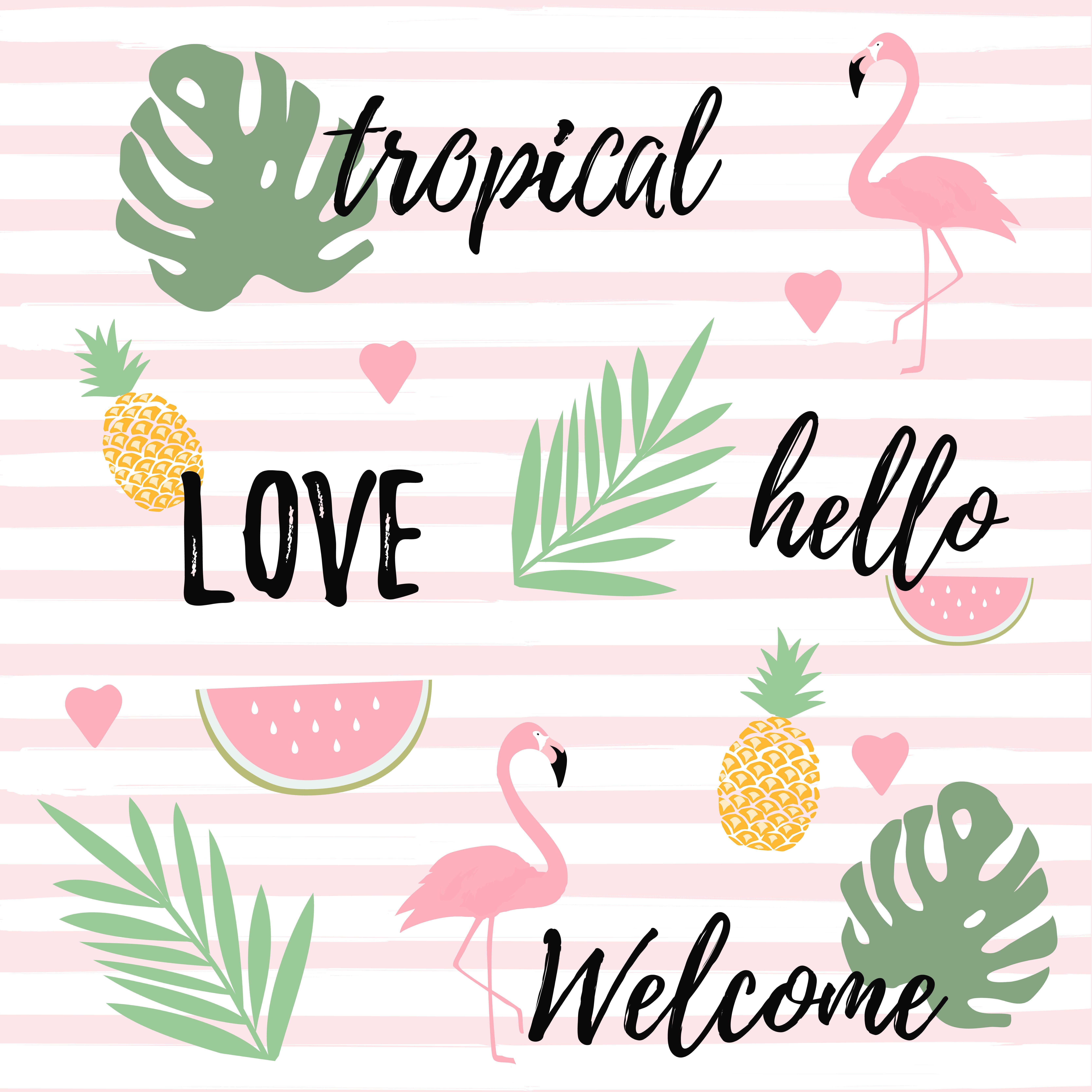 6668x6667 Tropical background with flamingos watermelon and pineapples
