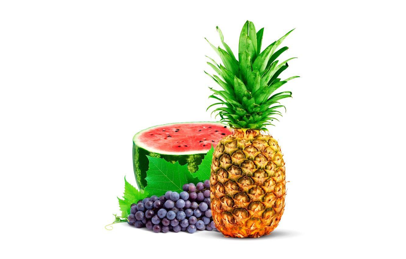 1332x850 Wallpaper leaves, watermelon, grapes, white background, fruit, pineapple image for desktop, section еда