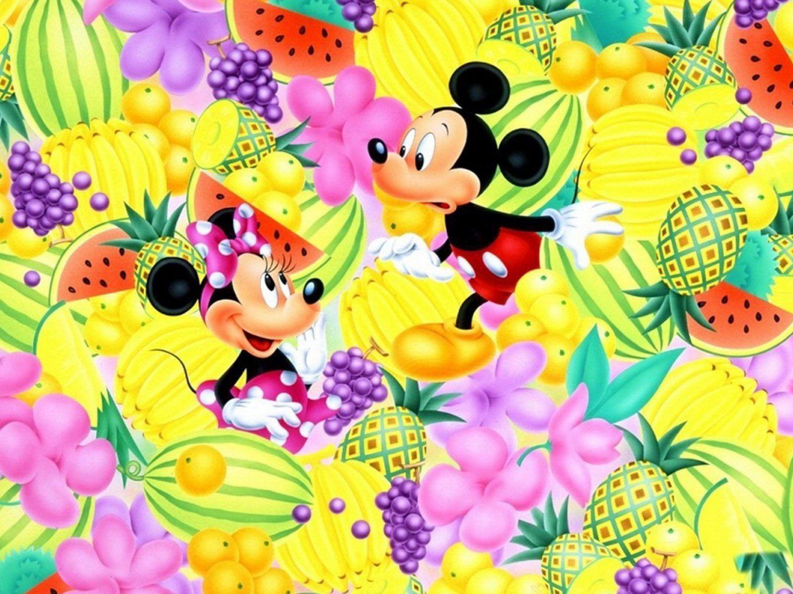 1600x1200 Mickey And Minnie Playing Hide And Seek Among Fruits Watermelon Pineapple Grapes Bananas Citrus And Flowers Wallpaper HD 1920x1200 :