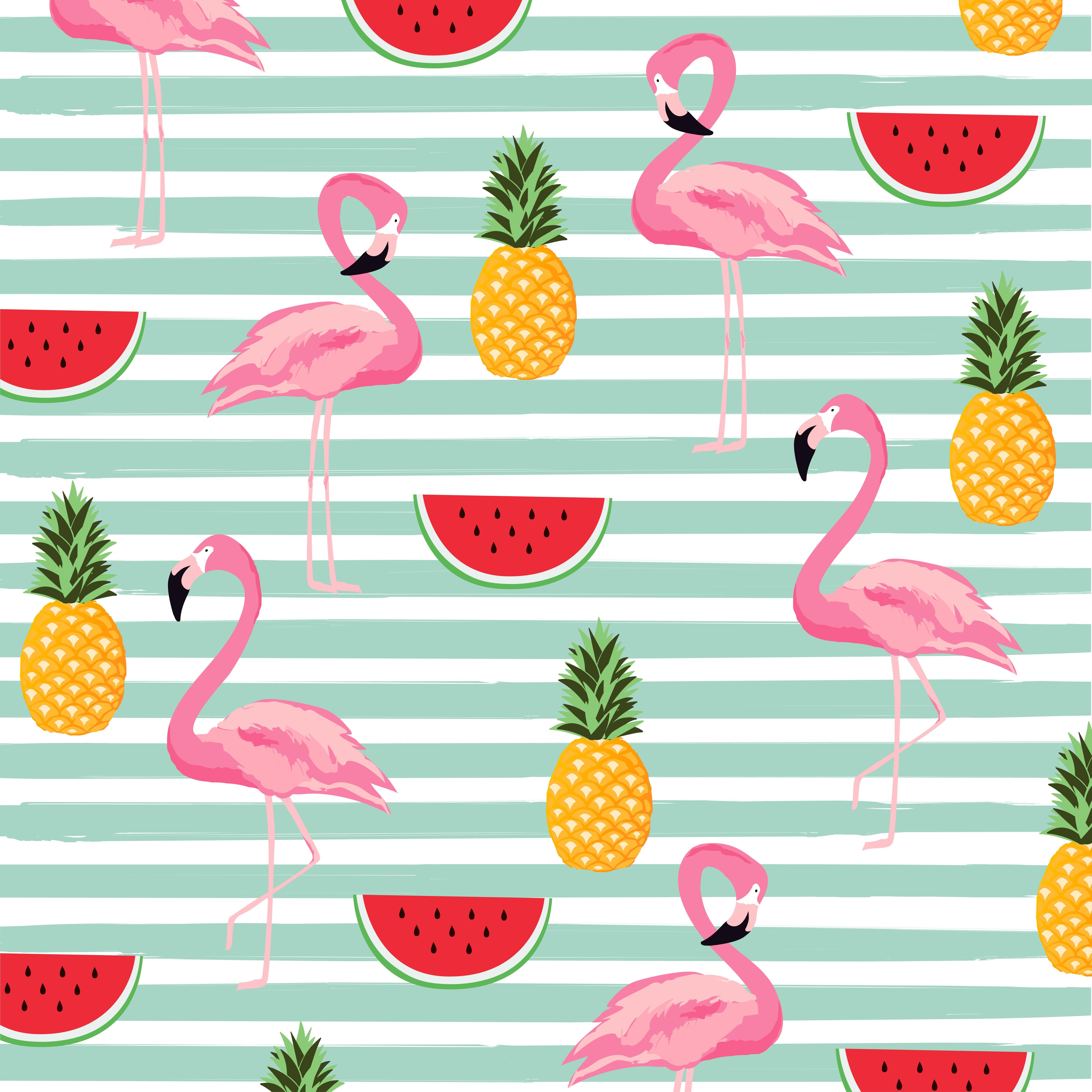 6668x6667 Pineapple, watermelon and flamingo with stripes seamless pattern background