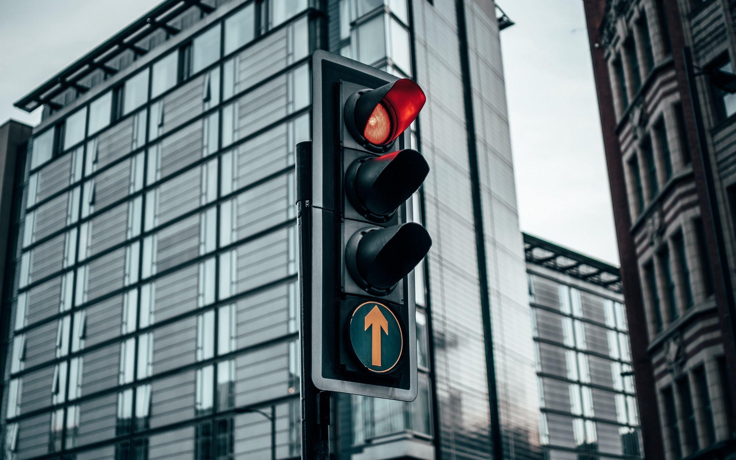 2560x1600 Download wallpaper traffic lights, red light, modern buildings, road signs, traffic light with red light for desktop with resolution 2560x1600. High Quality HD picture wallpaper