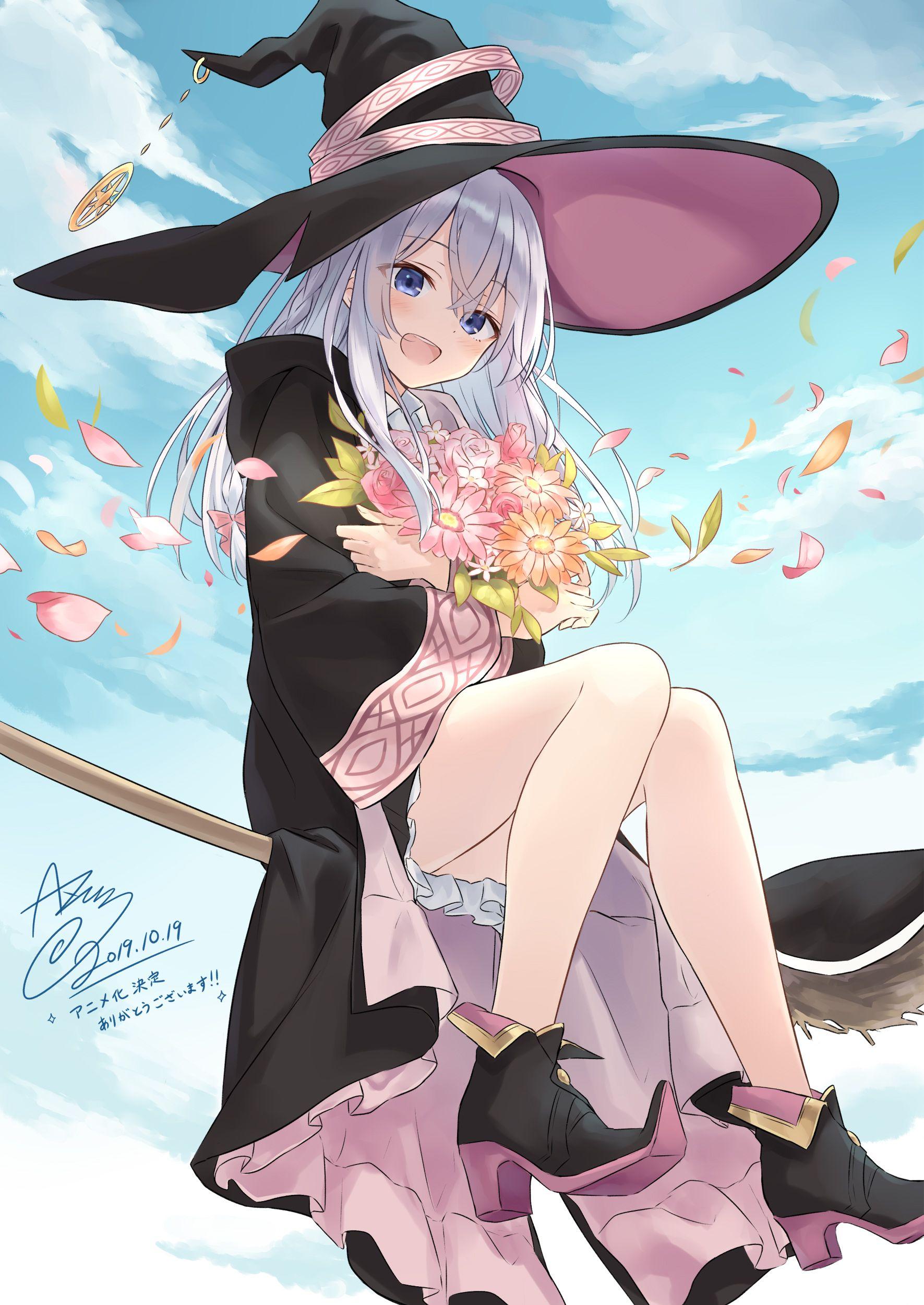 1771x2500 blue eyes, open mouth, happy, witch, Azuuru, anime, anime girls, digital art, artwork, 2D, portrait display, vertical, Majo no Tabitabi, Elaina (Majo no Tabitabi), silver hair, flowers, petals, sky, witch hat