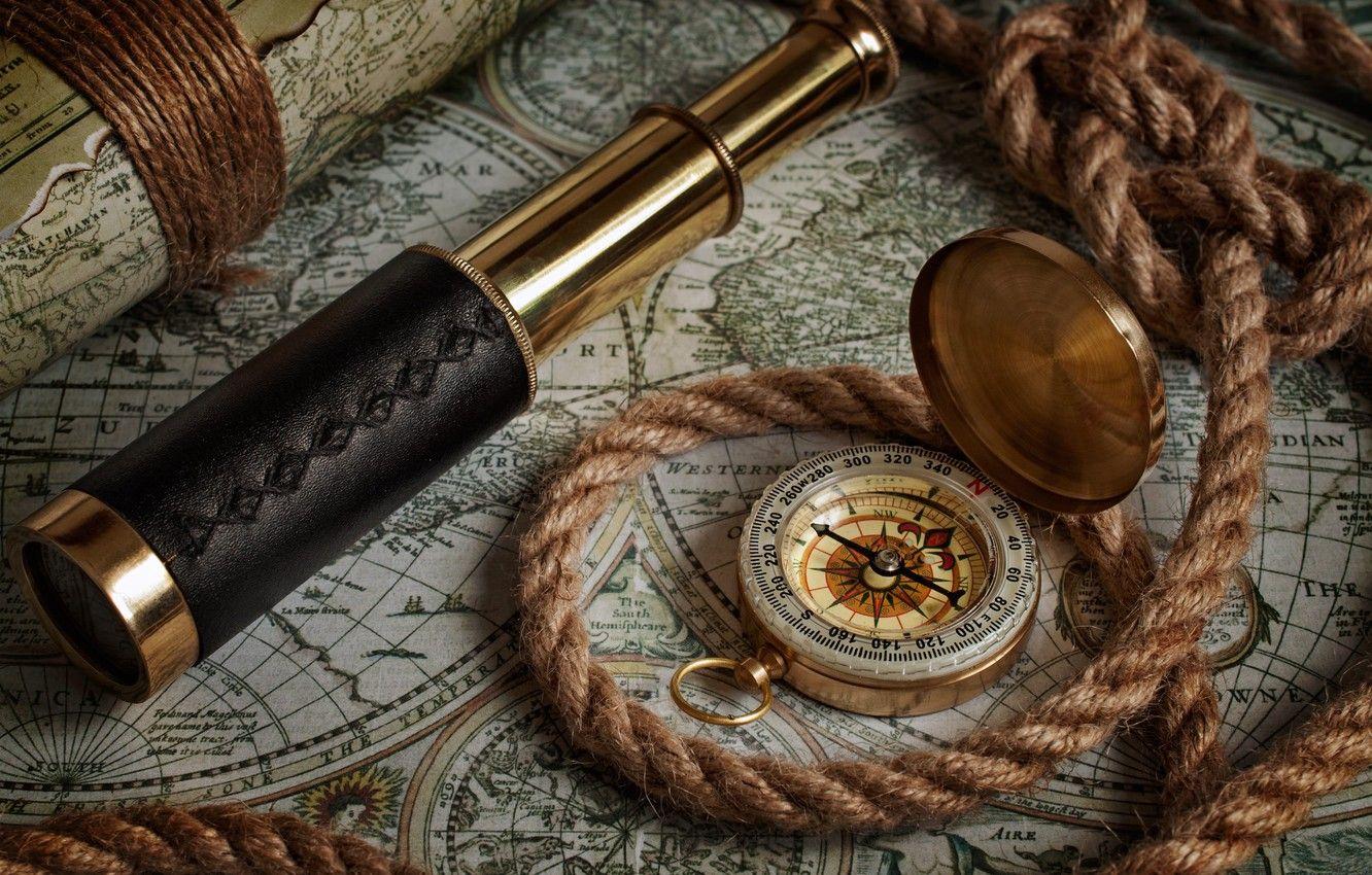 1332x850 Wallpaper map, rope, compass, spyglass, compass, telescope, old maps, nautical navigation tools image for desktop, section разное