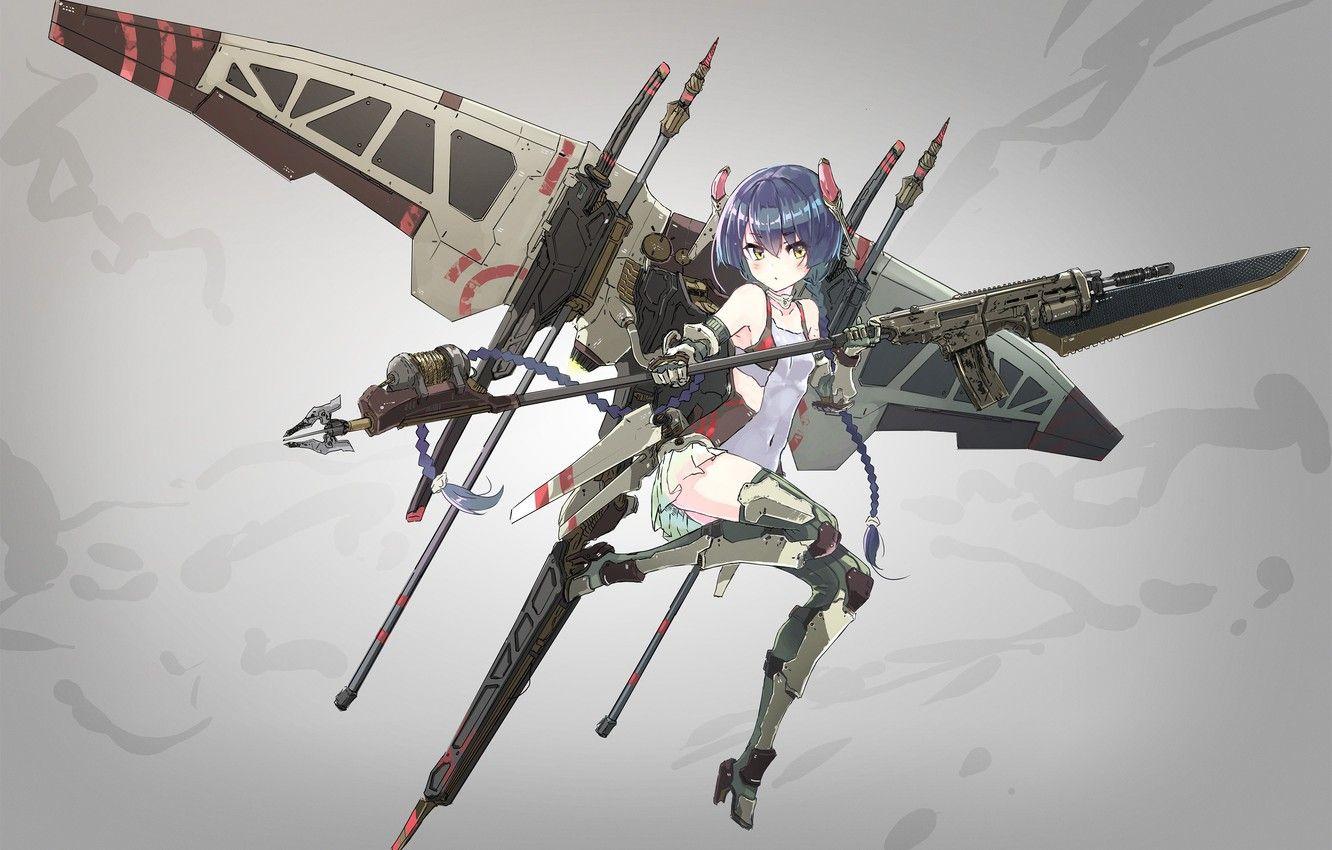 1332x850 Wallpaper girl, gun, mecha, weapon, anime, blade, rifle, suit, japanese, spear, seifuku image for desktop, section арт
