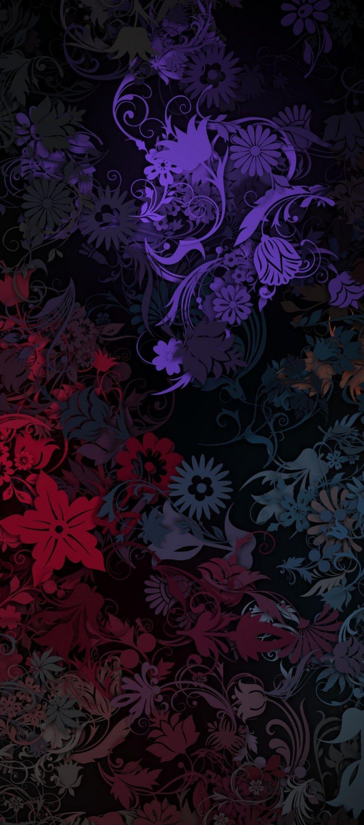 1242x2809 iOS iPhone X, black, purple, pink, floral, simple