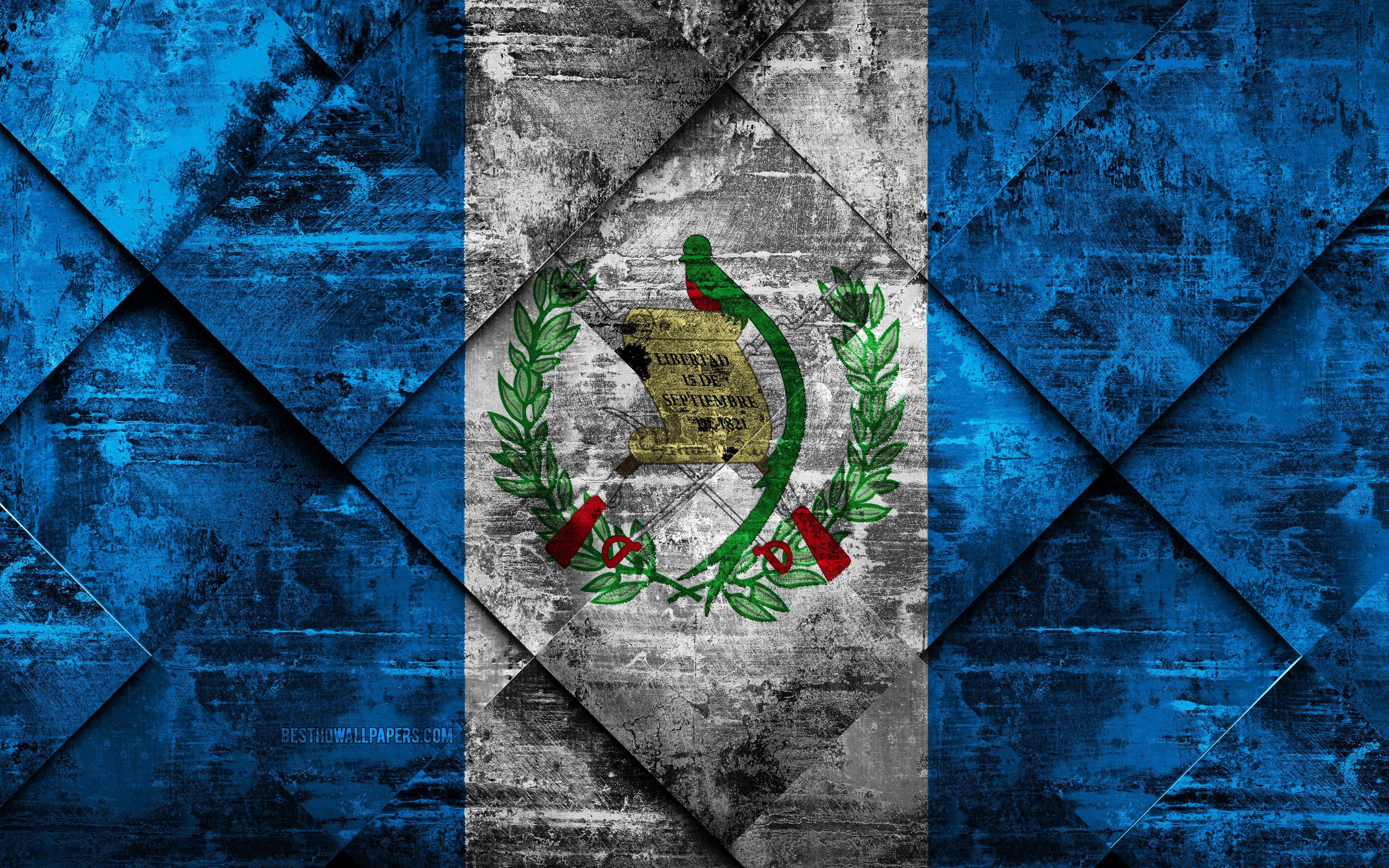 3840x2400 Download wallpaper Flag of Guatemala, 4k, grunge art, rhombus grunge texture, Guatemala flag, North America, national symbols, Guatemala, creative art for desktop with resolution 3840x2400. High Quality HD picture wallpaper