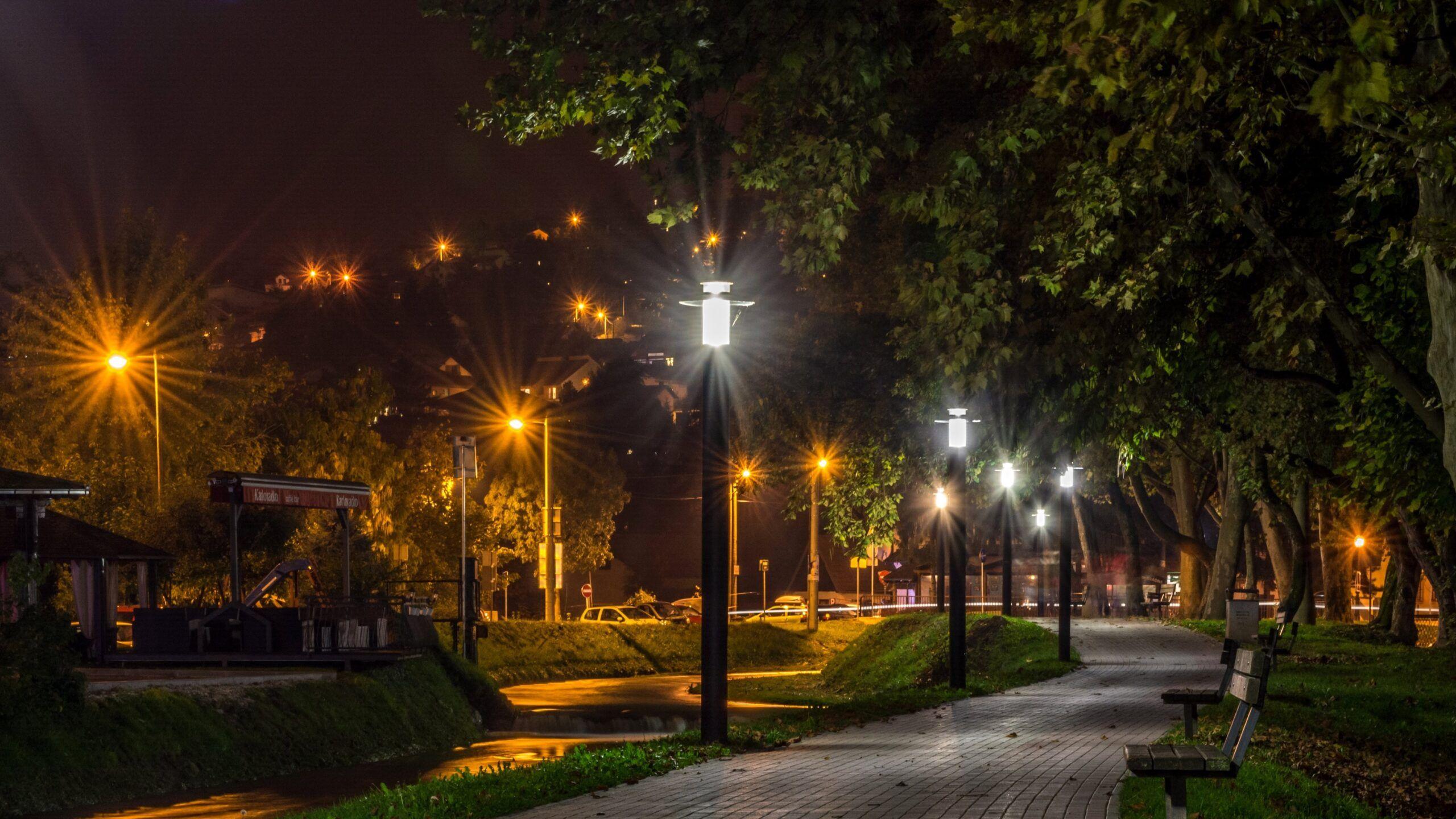 2560x1440 Nature, Bench, croatia, Landscape Wallpaper, Pavement, Lights, HD Nature Wallpaper, Zagreb, Samobor, Street, Background Image, Night, android, Parks Trees