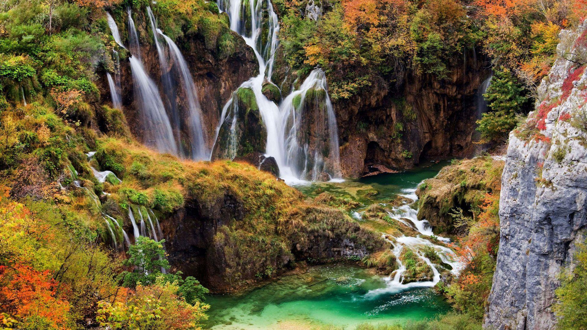 1920x1080 Plitvice Lakes National Park In Croatia Beautiful Landscape Waterfalls In Autumn Desktop HD Wallpaper 5616x3510 :