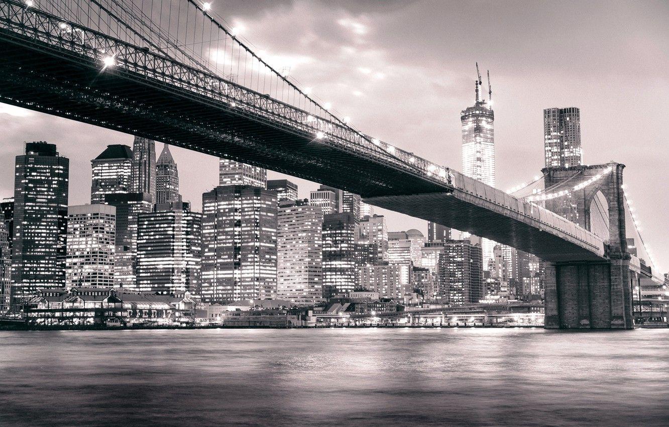 1332x850 Wallpaper night, the city, lights, river, building, New York, skyscrapers, black and white, USA, USA, Brooklyn bridge, Manhattan, Brooklyn, Manhattan, NYC, New York City image for desktop, section город