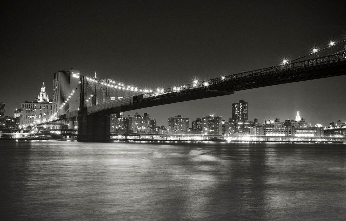 1332x850 Wallpaper night, the city, lights, Strait, New York, lighting, black and white, USA, USA, Brooklyn bridge, Manhattan, New York, Manhattan, NYC, New York City, Brooklyn Bridge image for desktop, section город