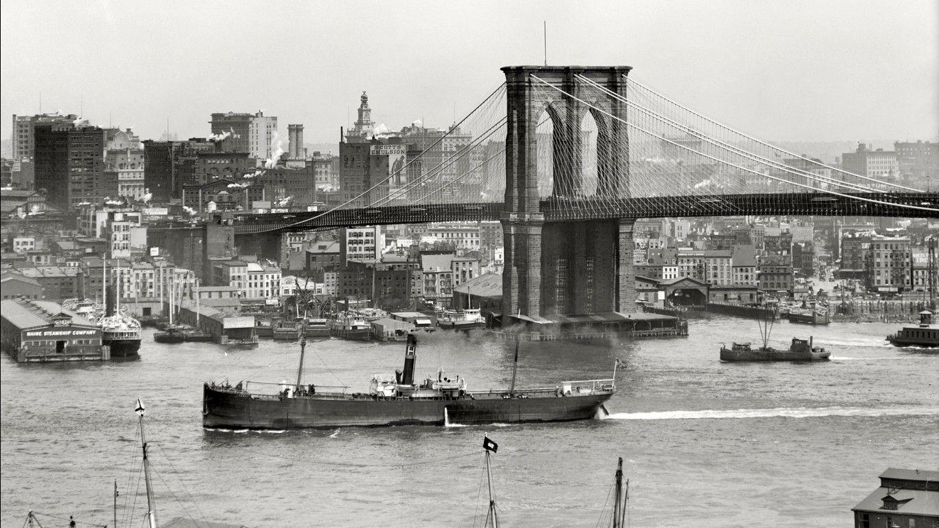 1366x768 Black And White Picture Of Brooklyn Bridge And Buildings Of New York City HD New York Wallpaper