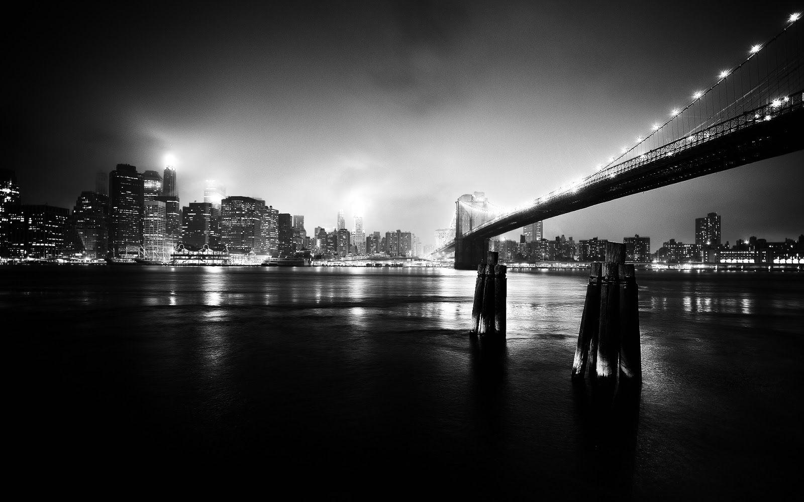 1600x1000 Urban Photography New York At Night And The Brooklyn Bridge In Black And White Wallpaper_