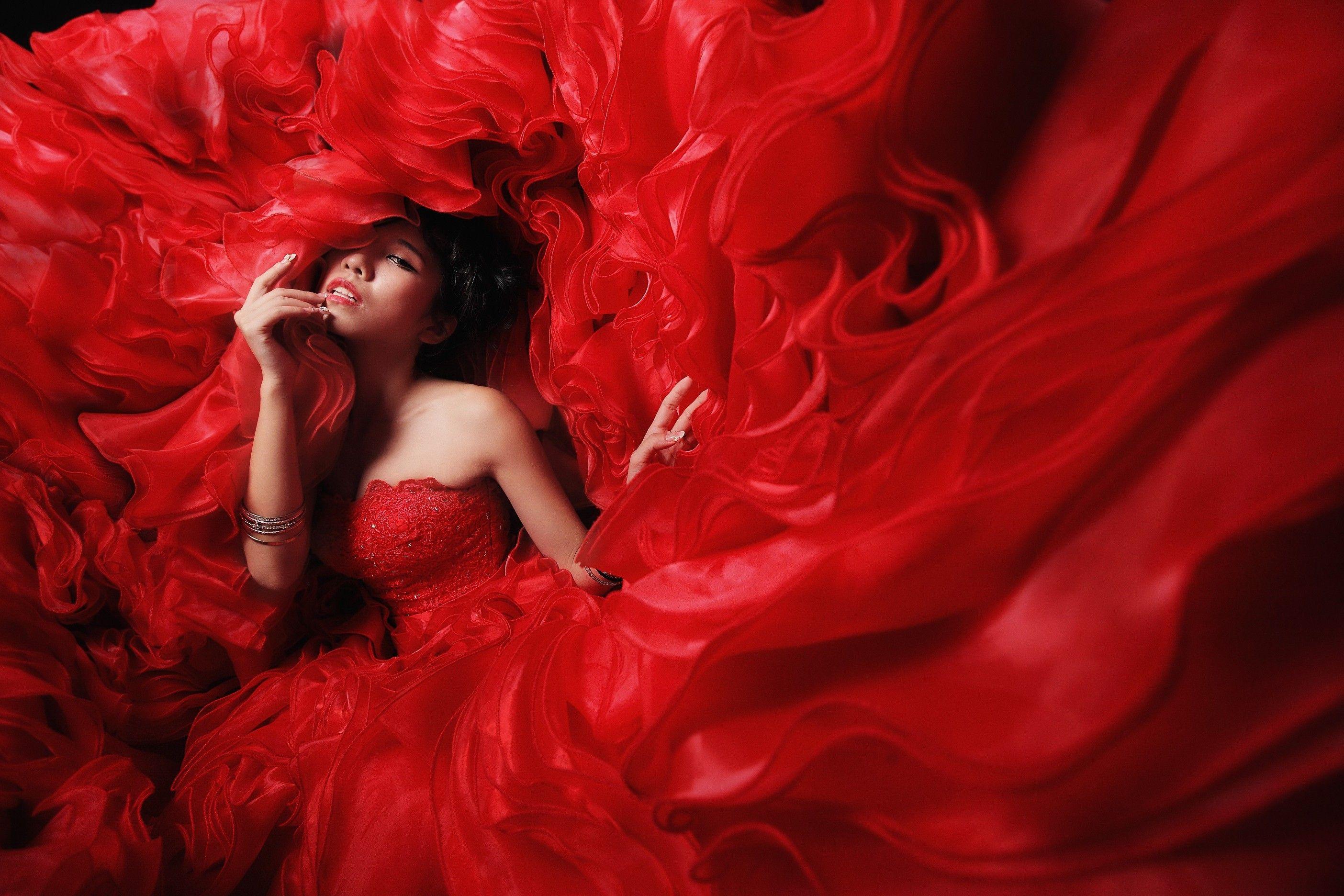 2808x1872 women, Model, Asian, Bare Shoulders, Red, Dress, Red Dress, Fashion, Gowns, Bangles Wallpaper HD / Desktop and Mobile Background