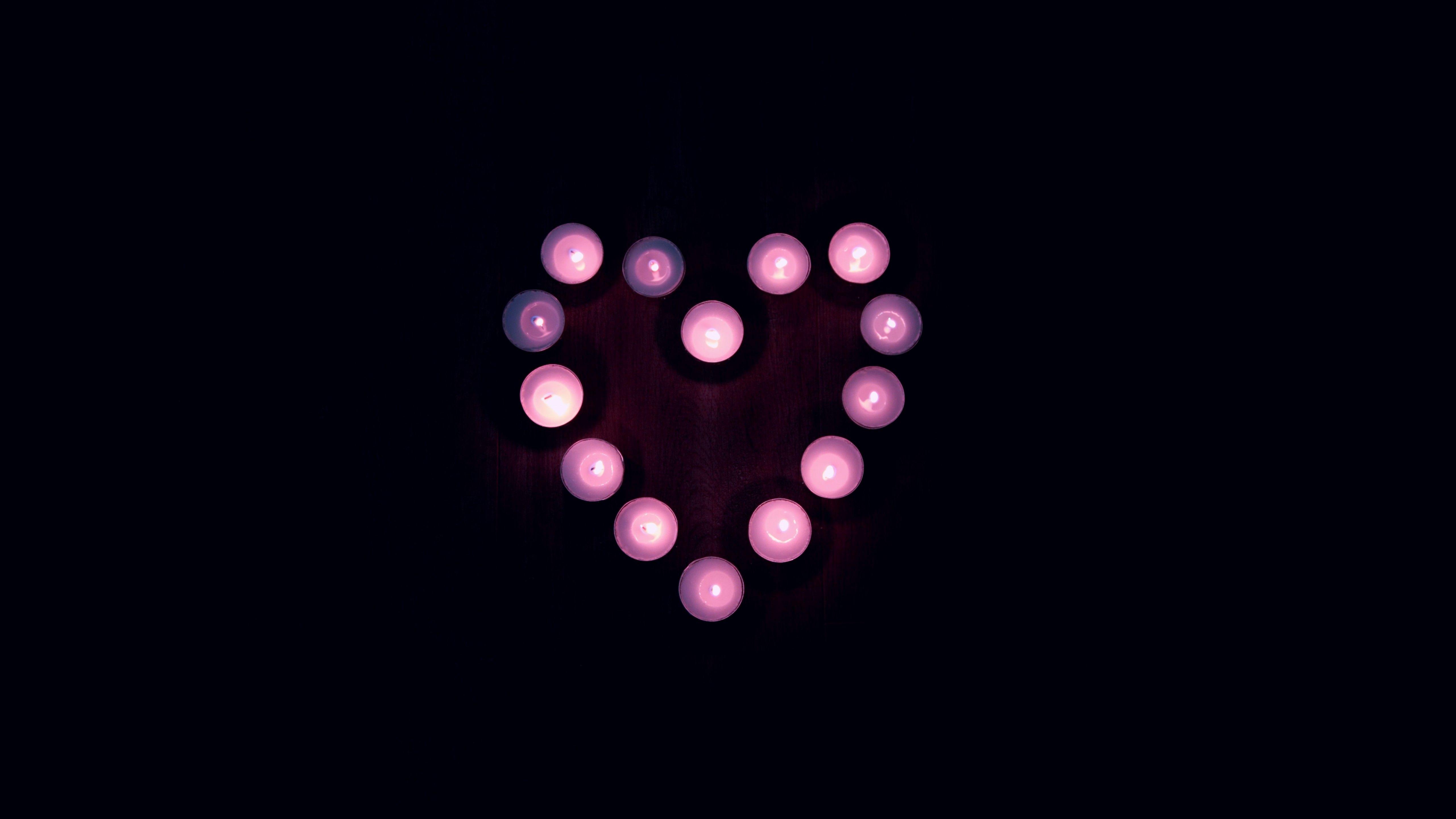 5120x2880 Love Heart 4K Wallpaper, Candle Lights, Black Background, Pink, Heart, Tea Light, 5K, Black Dark