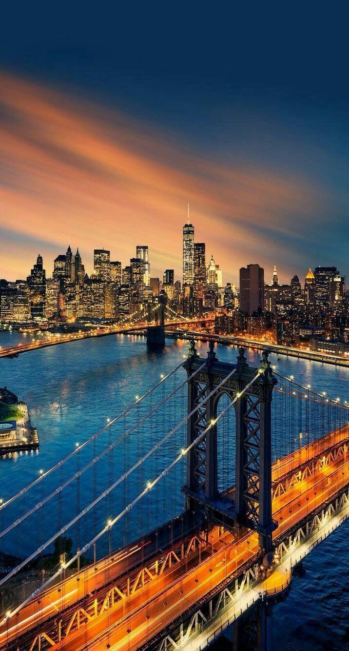 716x1334 Sunset over the Brooklyn Bridge & Manhattan in New York City, New York, Usa. ❤-M Photography by: Dell640/ Getty Image. New york, York wallpaper, City