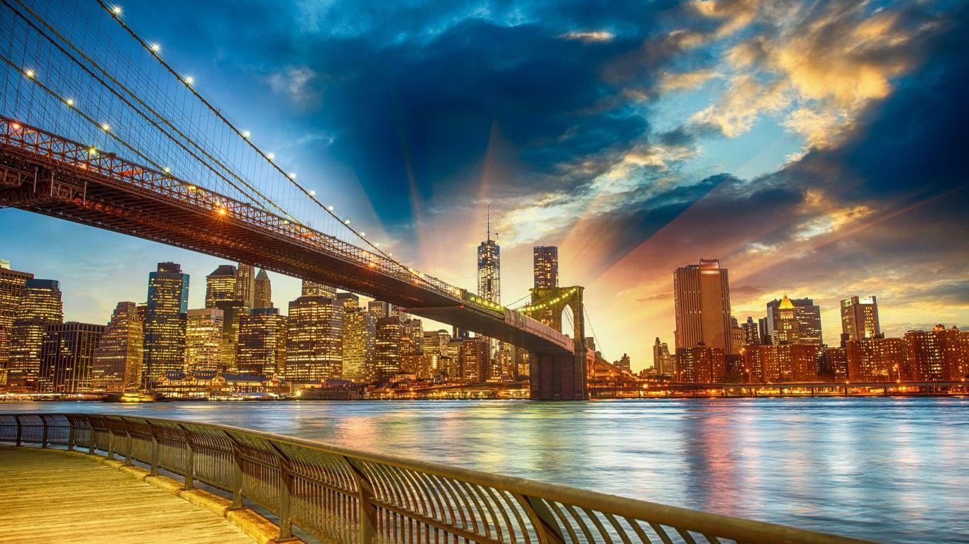 1366x768 Brooklyn Bridge Sunset Nyc Background HD