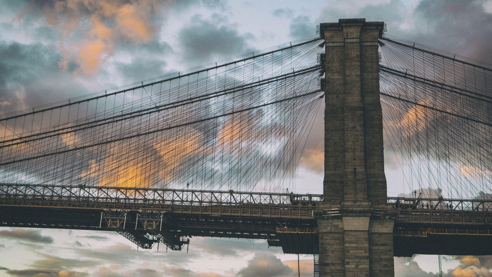 1920x1080 Wallpaper Brooklyn Bridge, New York, Dumbo in Brooklyn, clouds, sunset, Architecture