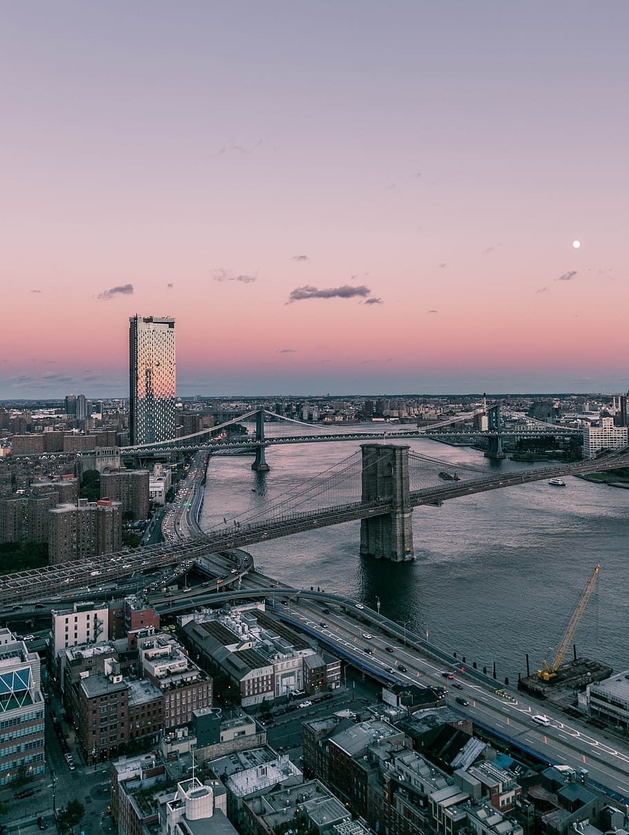 910x1209 Aerial View Of City, Sunset, Brooklyn Bridge, Williamsburg