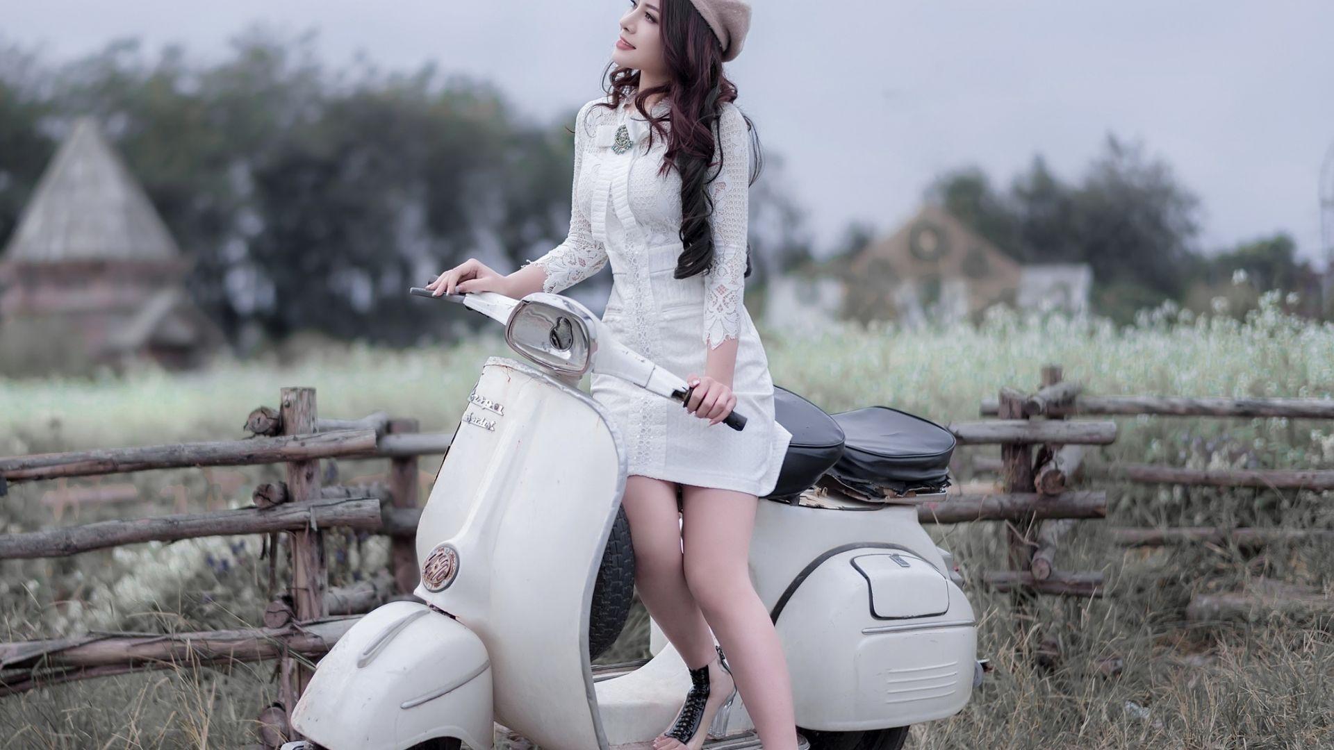 1920x1080 Desktop wallpaper asian woman, vespa, scooter, HD image, picture, background, 91fd85