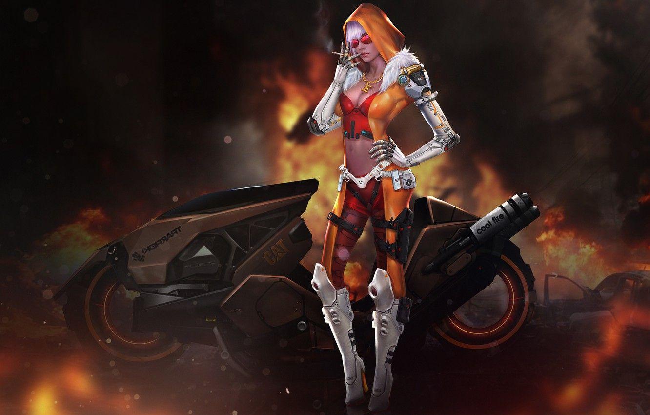 1332x850 Photo Wallpaper Girl, Fire, Girl, Bike, Motorcycle, Gangster Art