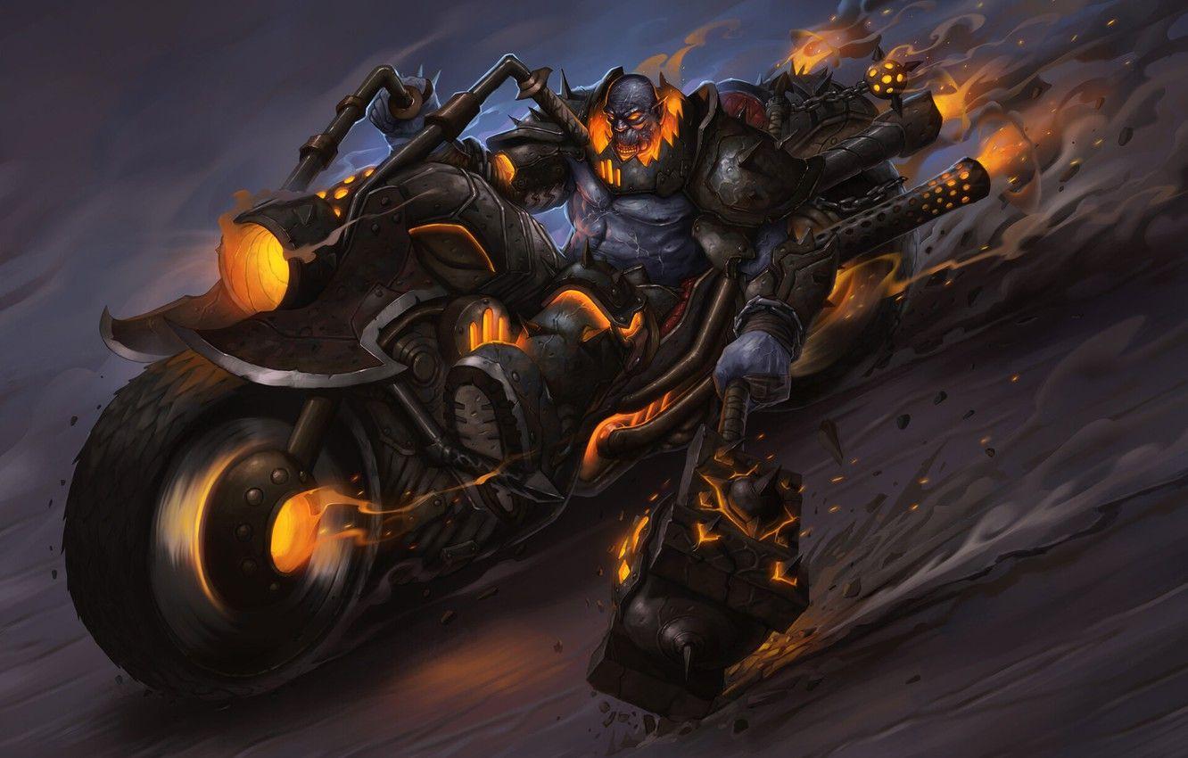 1332x850 Wallpaper Fire, Monster, Motorcycle, Hammer, Flame, Fire, Monster, Art, Art, Flame, Fiction, Illustration, Character, Hammer, Biker, Motorcycle image for desktop, section фантастика