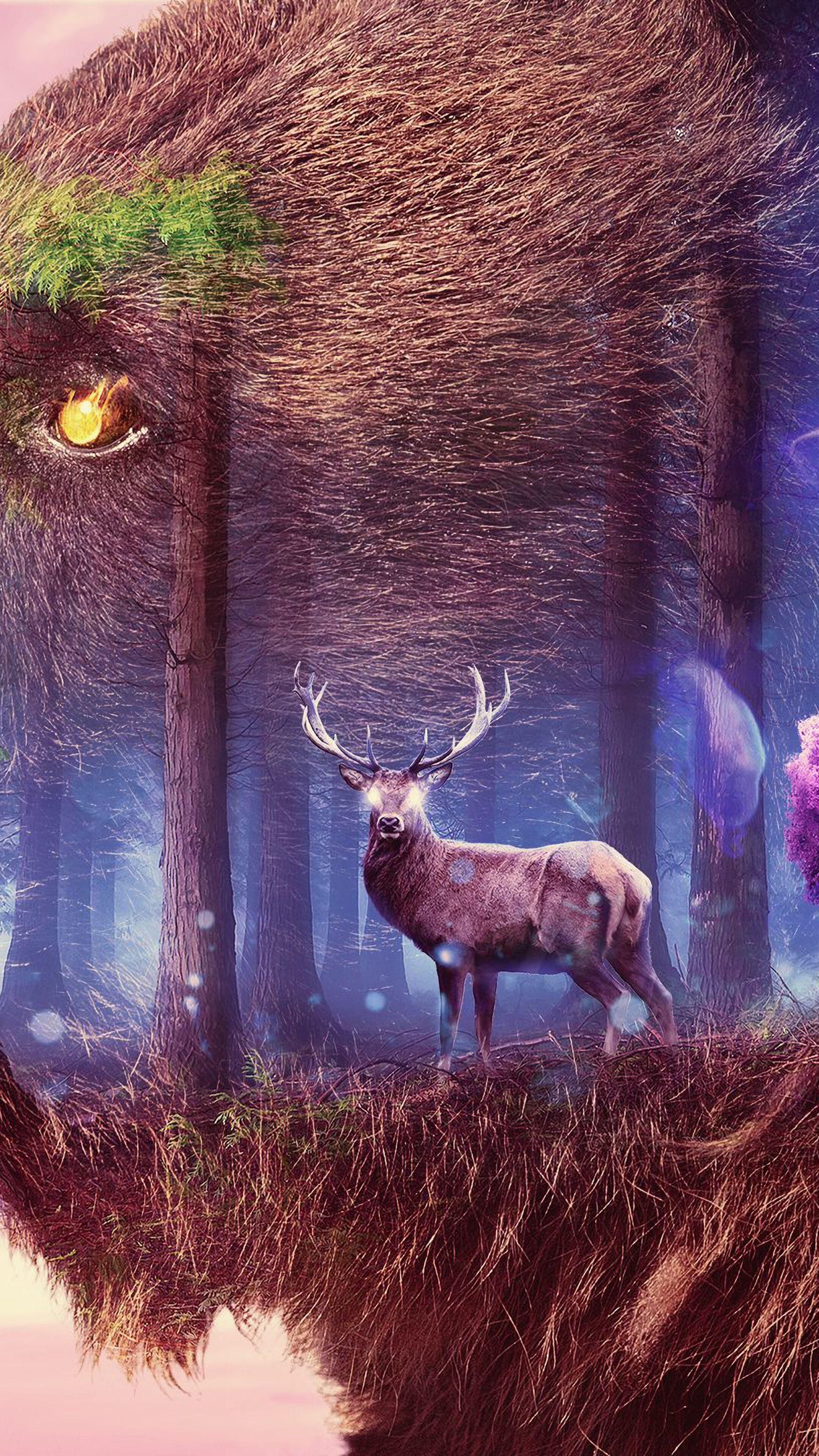 2160x3840 Fantasy, Forest, Animals, Deer, Bear, Nature, Digital Art, 4K phone HD Wallpaper, Image, Background, Photo and Picture