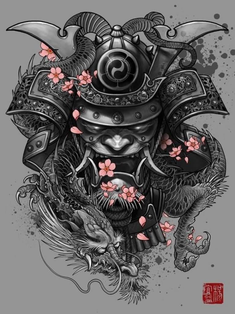 768x1024 Black Ink Samurai Skull With Lotus Tattoo Design
