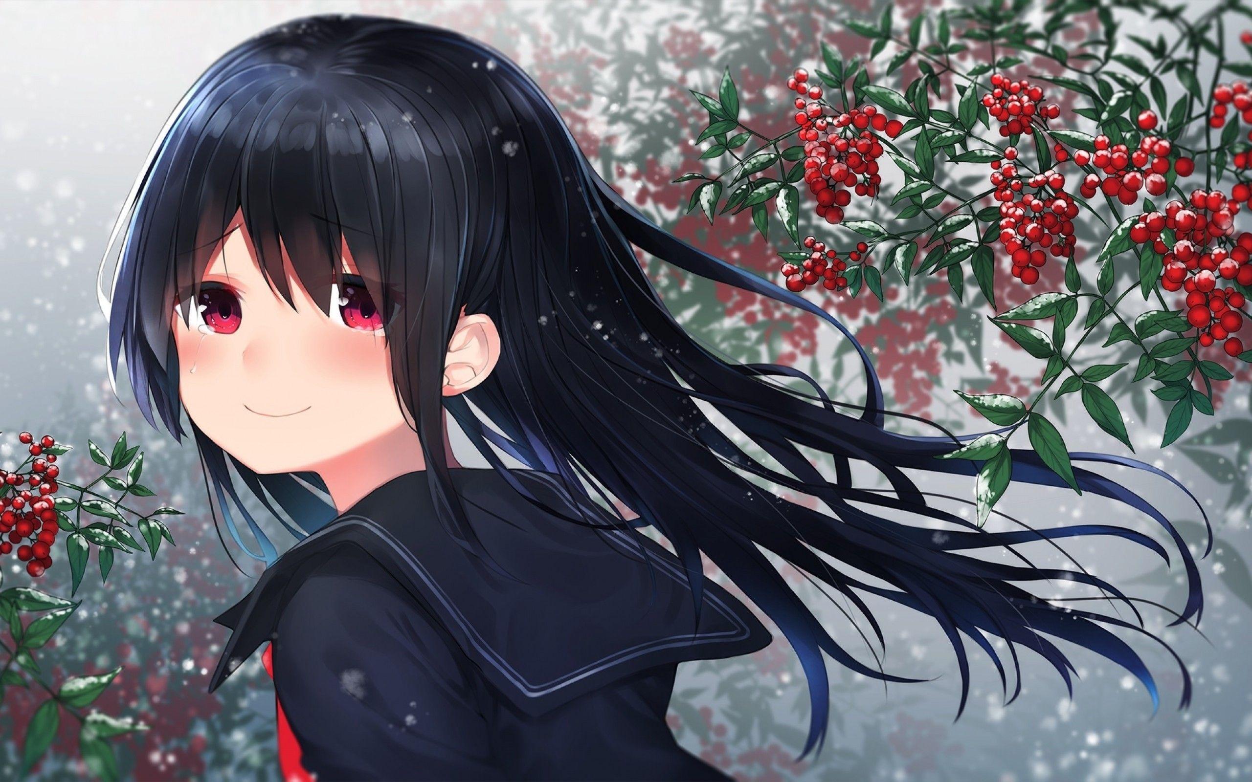 2560x1600 Download 2560x1600 Anime Girl, Black Hair, Smiling, Snow, Winter, School Uniform, Red Eyes Wallpaper for MacBook Pro 13 inch