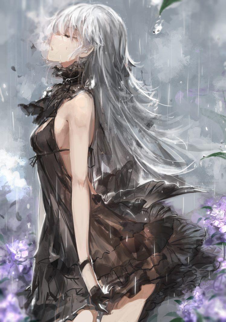 748x1062 original characters, Long hair, White hair, Black dress, Rain, Flowers, Anime girls, Anime Wallpaper HD / Desktop and Mobile Background