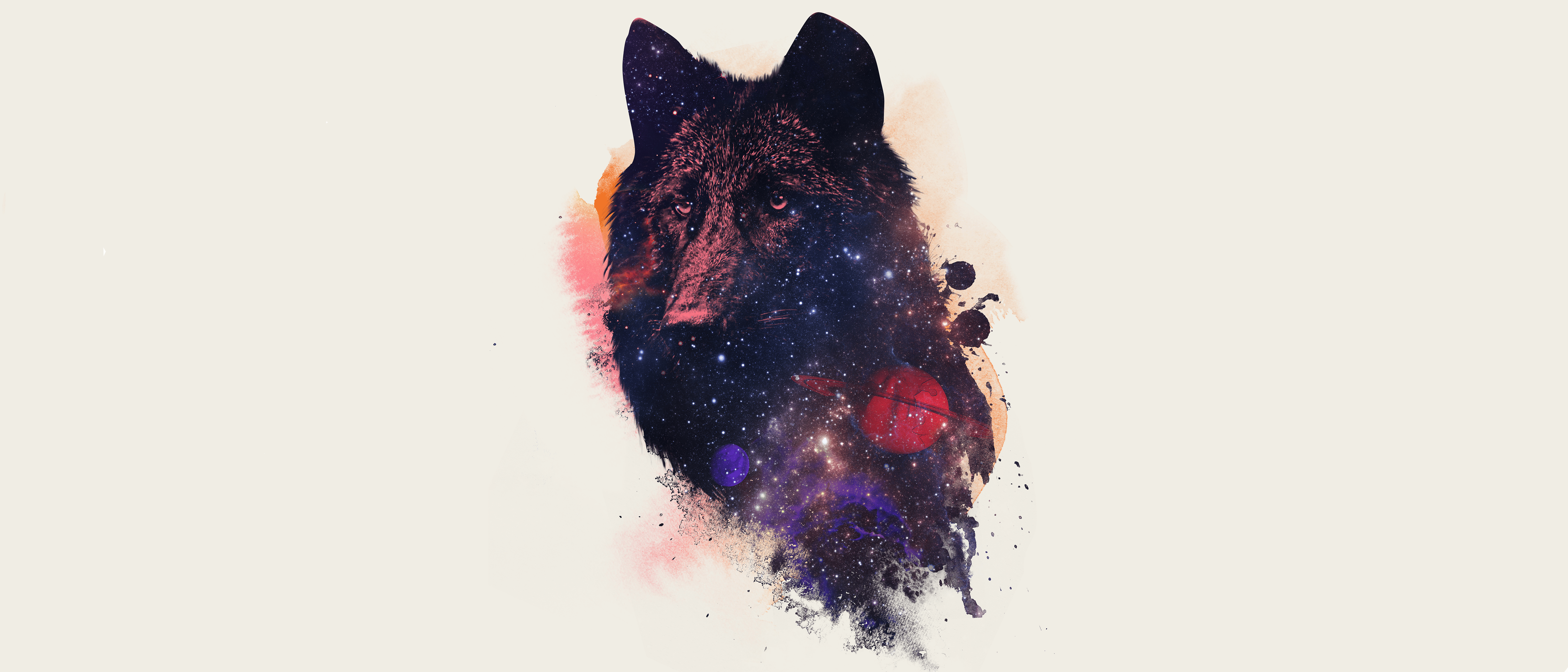 6211x2662 wolf, galaxy, artwork, white background, space, animals, minimalism, space artx2662 Wallpaper