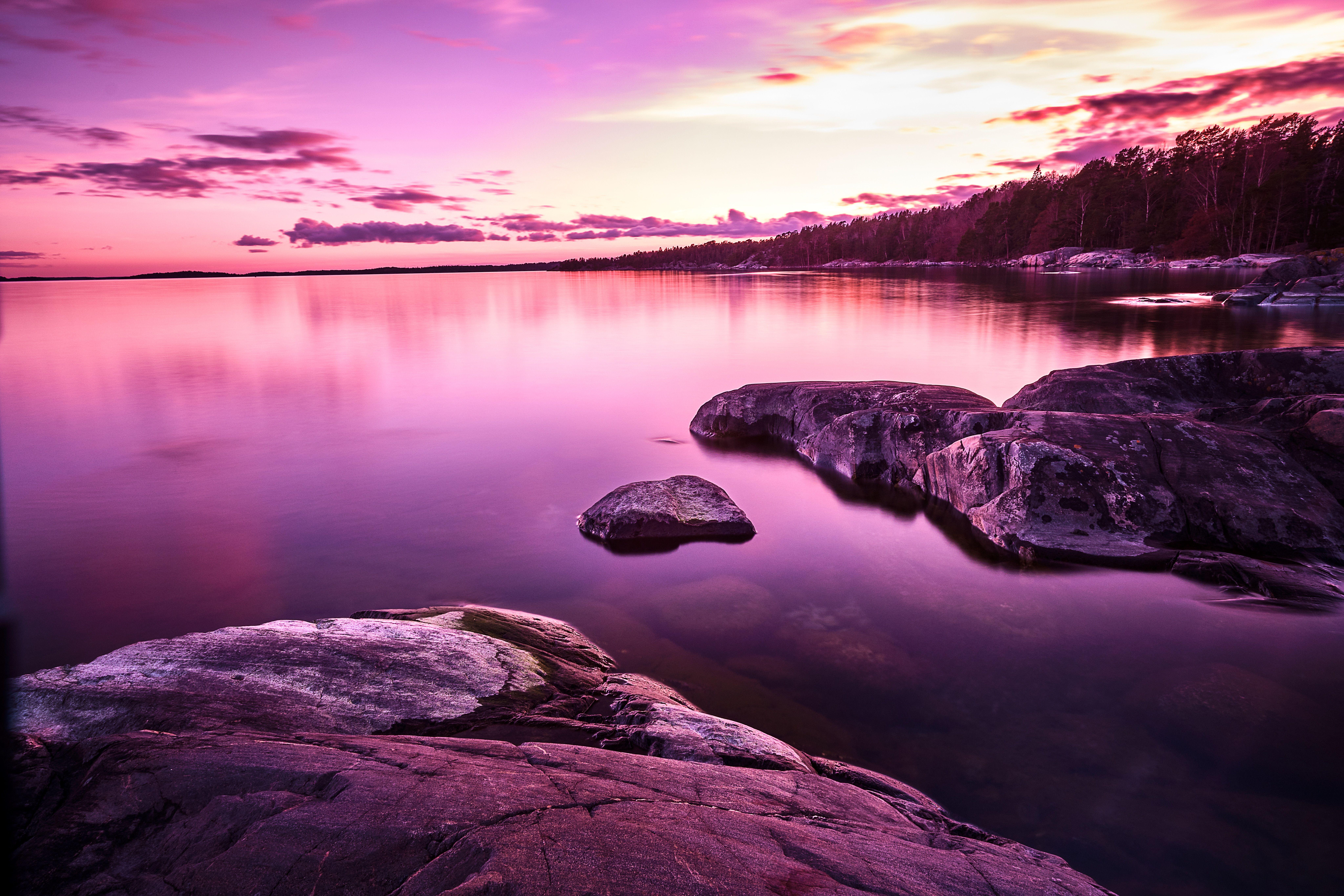 8192x5461 Sunset Wallpaper 4K, Lake, Purple, Pink sky, Scenery, Body of Water, Nature