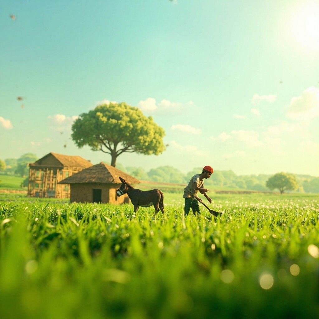 1024x1024 3D Animation of Indian Village Morning with Green Fields and Mud House