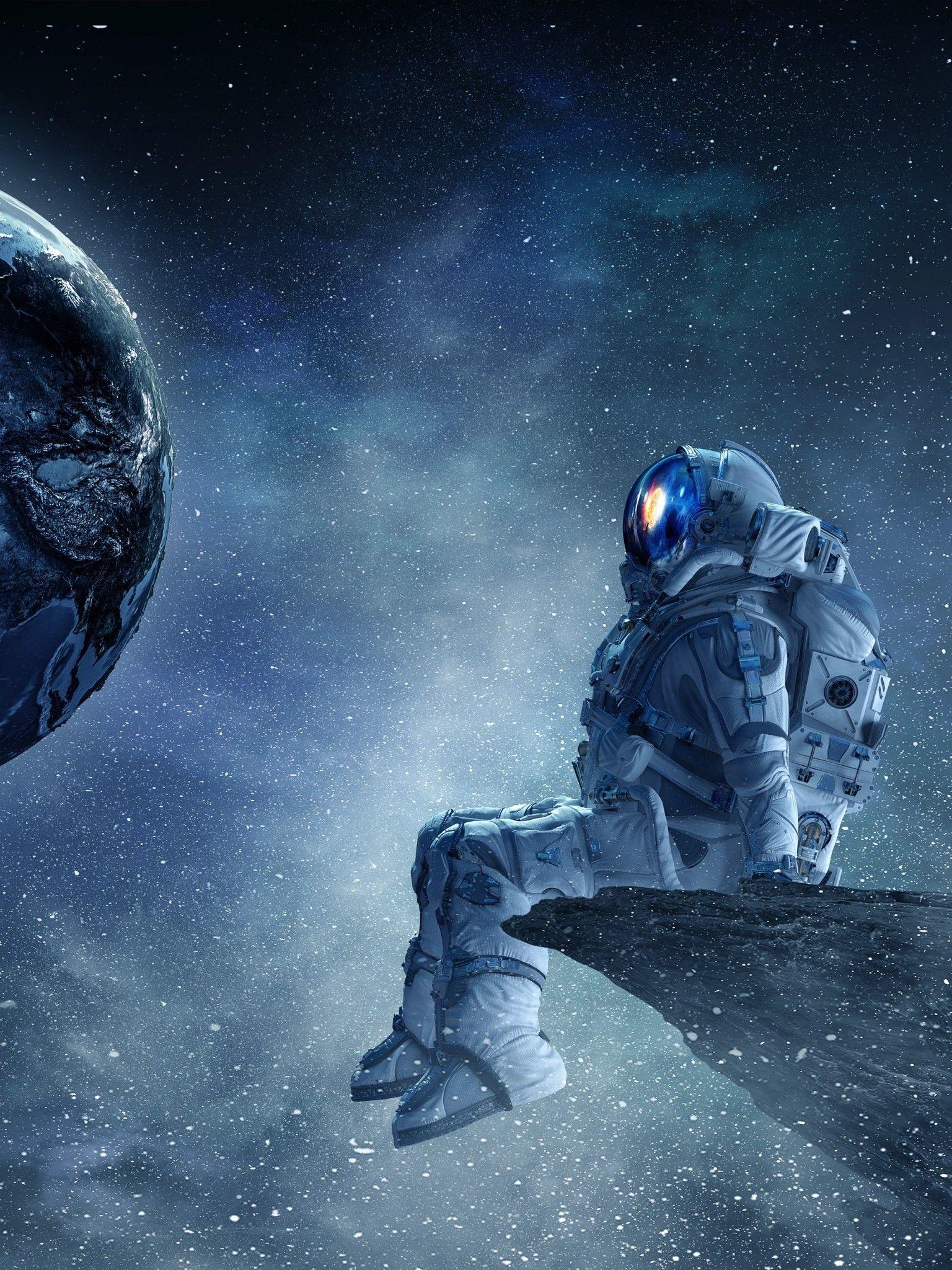 1536x2048 Download 1536x2048 Astronaut, Cliff, Planets, Stars, Spacesuit Wallpaper for Apple iPad Mini, Apple IPad 4