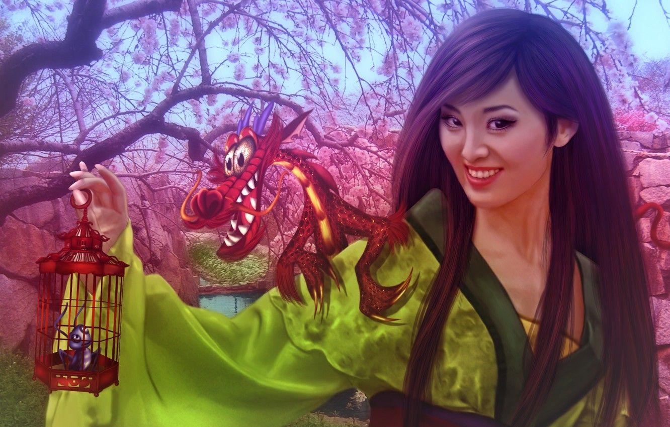 1332x850 Wallpaper girl, dragon, China, Sakura, fantasy, China, girl, fantasy, Princess, flowering, dragon, Mulan, fanart, fanart, Walt Disney, princess image for desktop, section рендеринг
