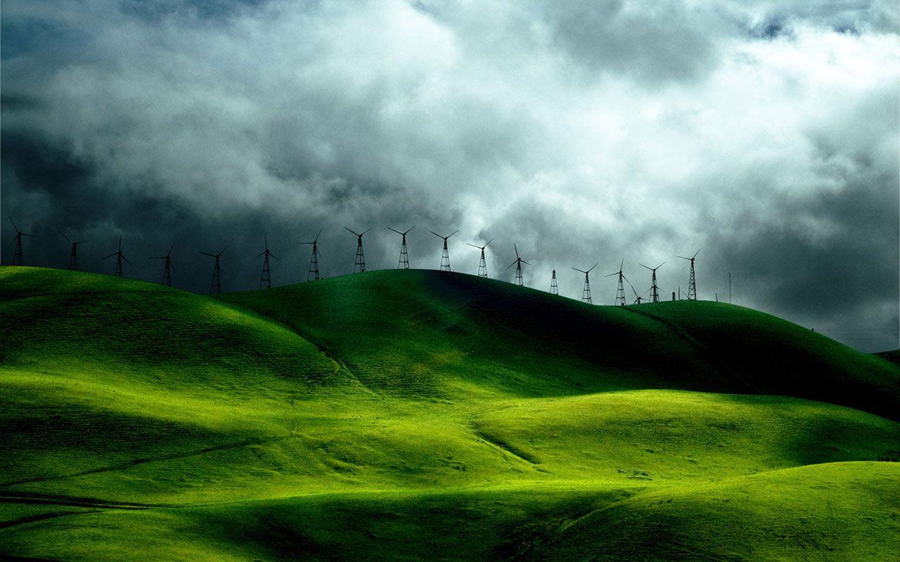 1280x800 Windmill on the green pastures of high definition digital synthesis of 1152 - Windmill Green Fields Wallpaper