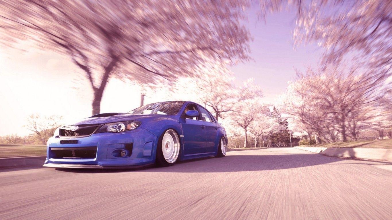 1366x768 Download 1366x768 Subaru Wrx Sti, Blurred, Trees, Spring, Cars Wallpaper for Laptop, Notebook