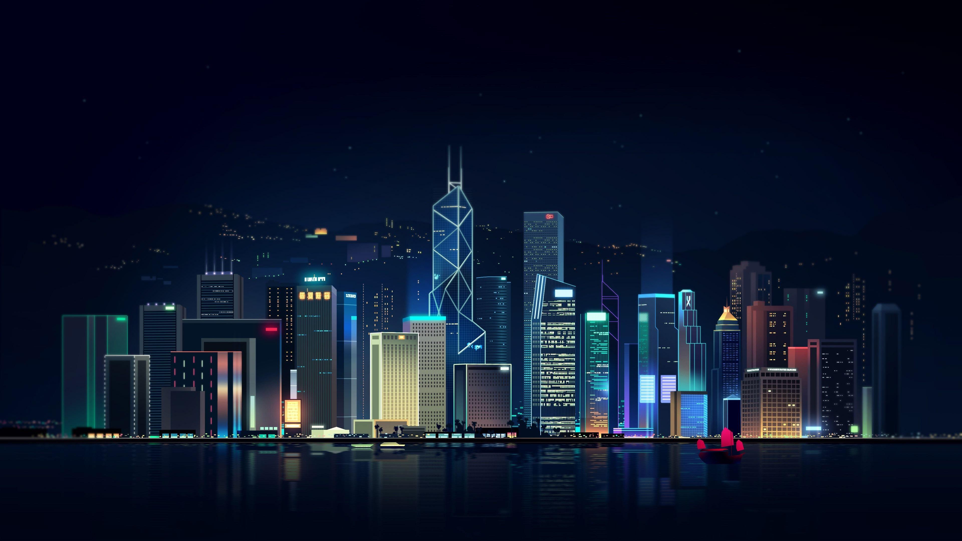 3840x2160 Wallpaper Hong Kong, city night, skyscrapers, art picture 3840x2160 UHD 4K Picture, Image