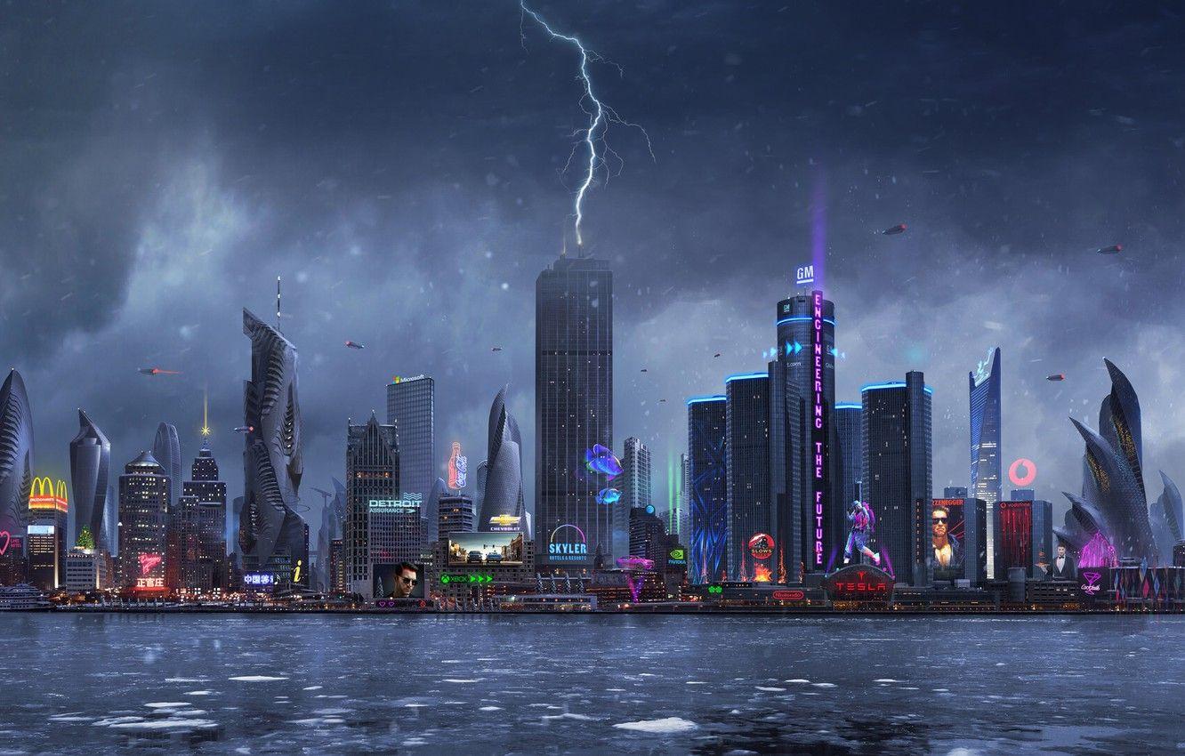 1332x850 Wallpaper The city, Neon, Lightning, Rain, Skyscrapers, Building, City, Architecture, Art, Art, Lightning, Fiction, Rain, Neon, Fiction, Skyscrapers image for desktop, section фантастика