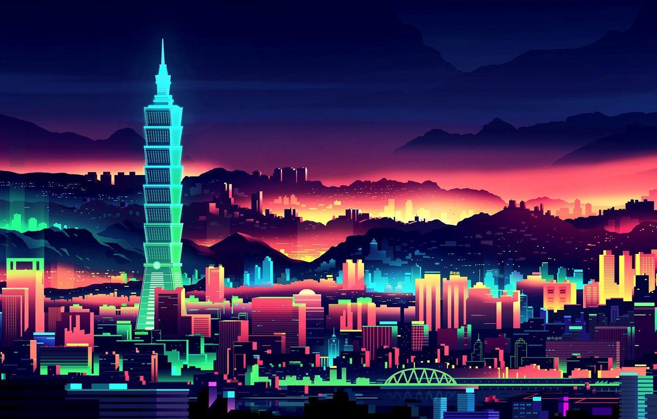 1332x850 Wallpaper Vector, The city, View, Style, Building, The building, Background, Landscape, Architecture, Art, Style, Neon, Skyscraper, Illustration, Synth, Retrowave image for desktop, section рендеринг