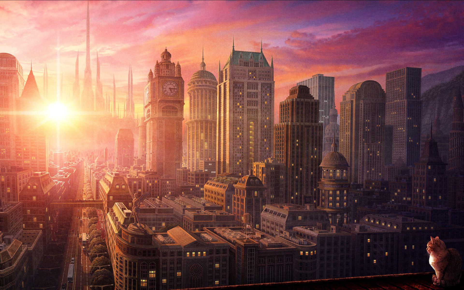 1920x1200 Cg digital art cats sunrise sunset architecture buildings skyscrapers sky clouds art wallpaperx1200