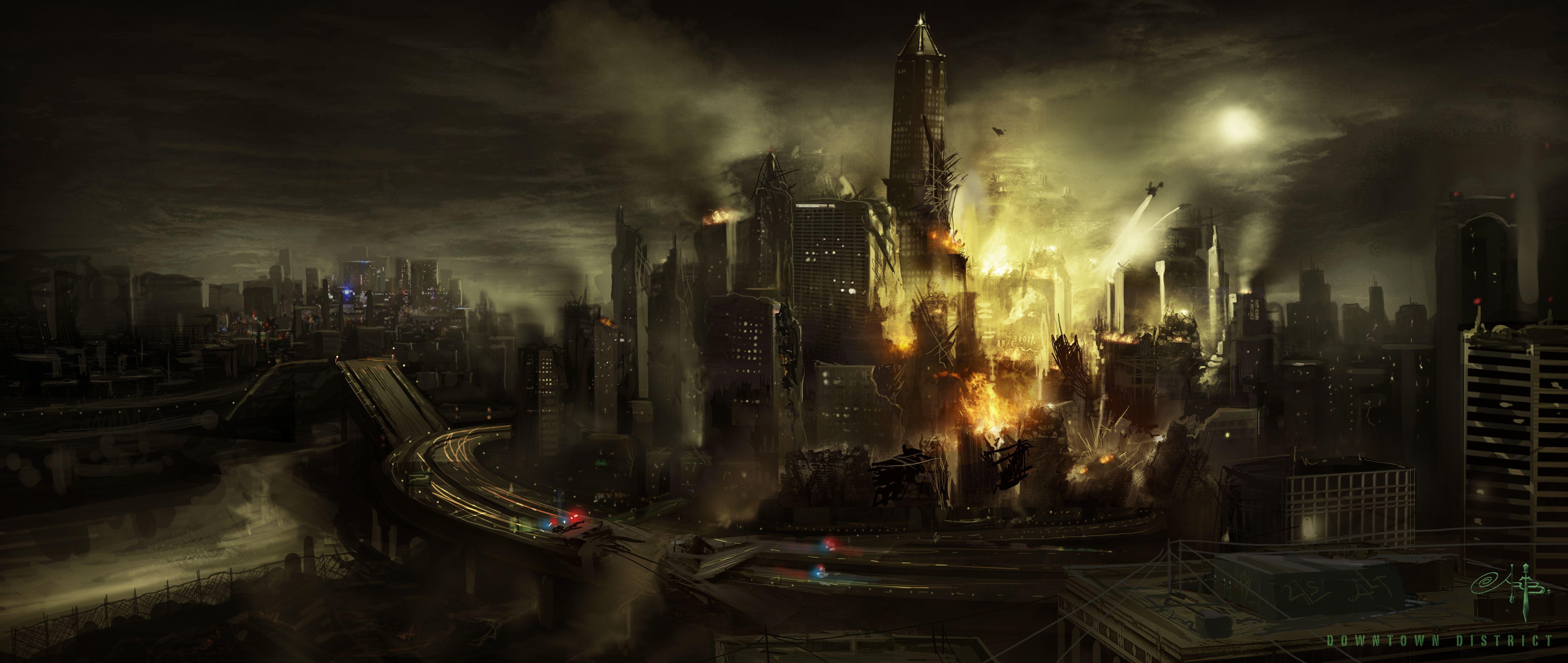 6000x2536 cityscapes, fire, concept art, Infamous, skyscrapers, highways wallpaper