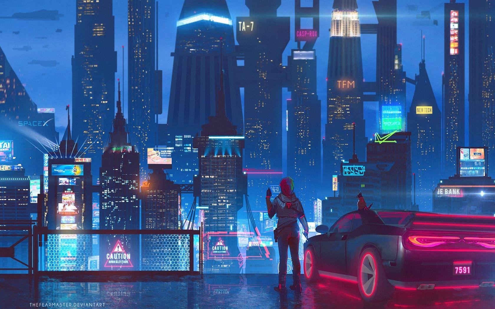 1680x1050 Wallpaper Future city, skyscrapers, lights, night, girl, art picture 1920x1080 Full HD 2K Picture, Image